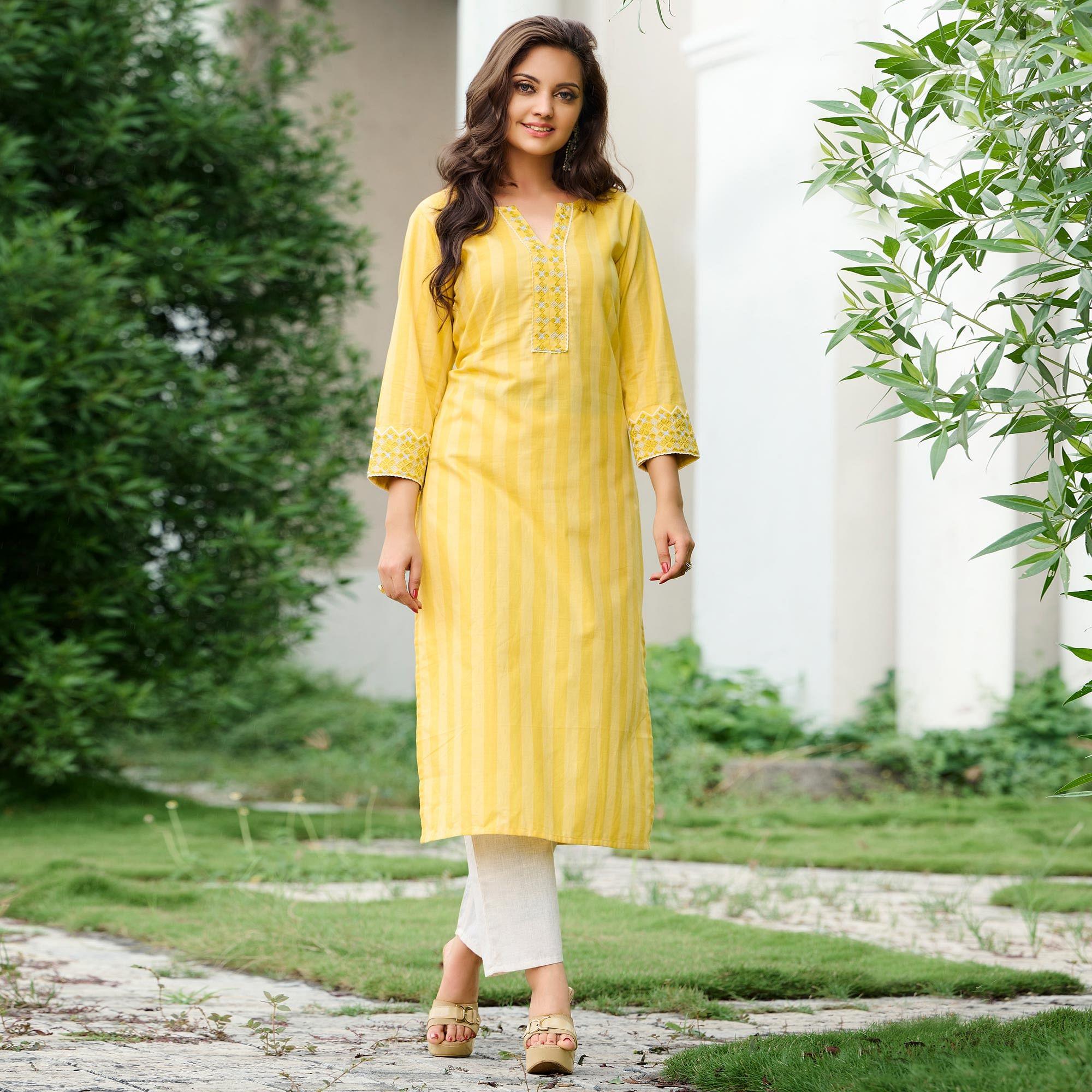 Yellow Embroidered Pure Cotton Kurti - Peachmode