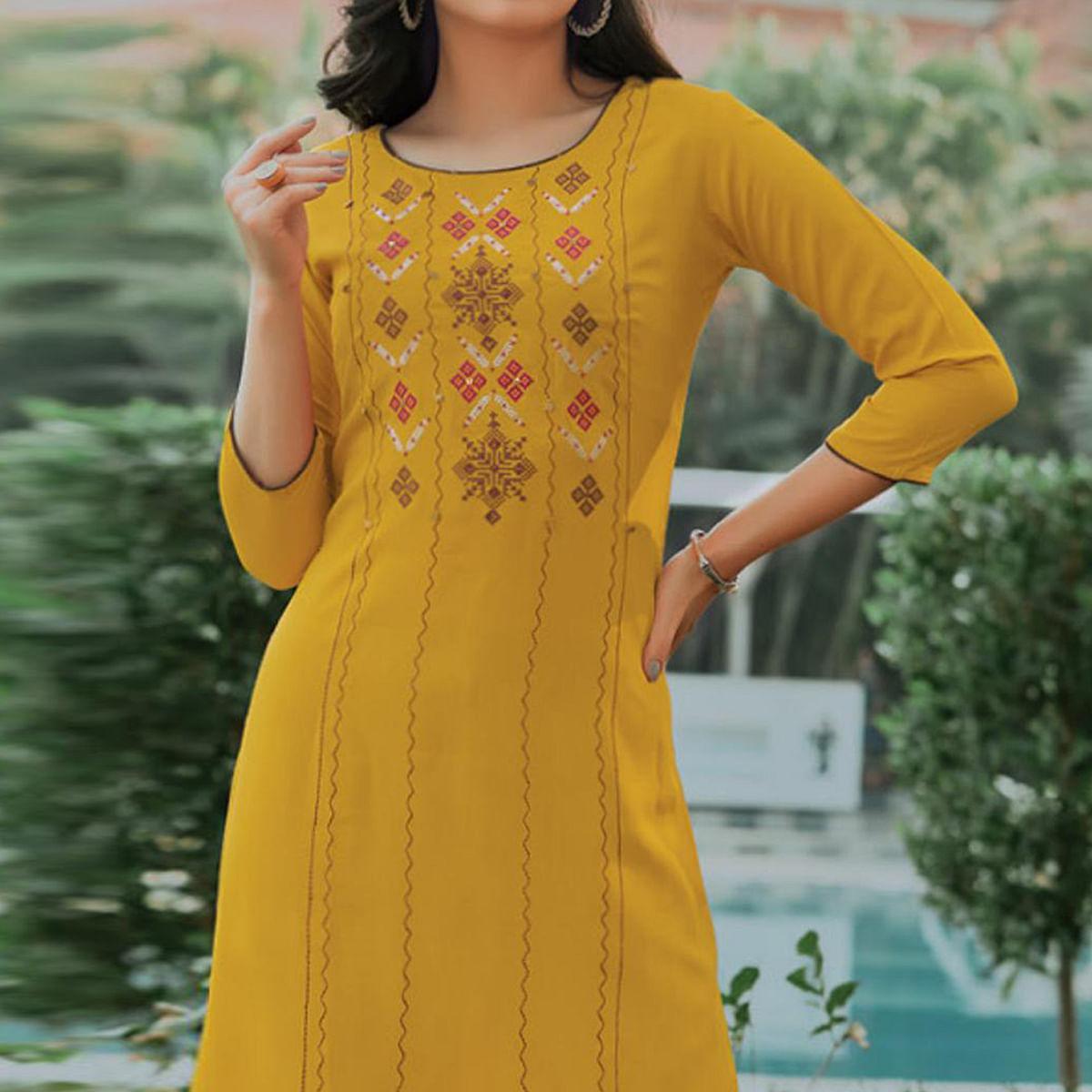 Yellow Embroidered Pure Cotton Kurti - Peachmode