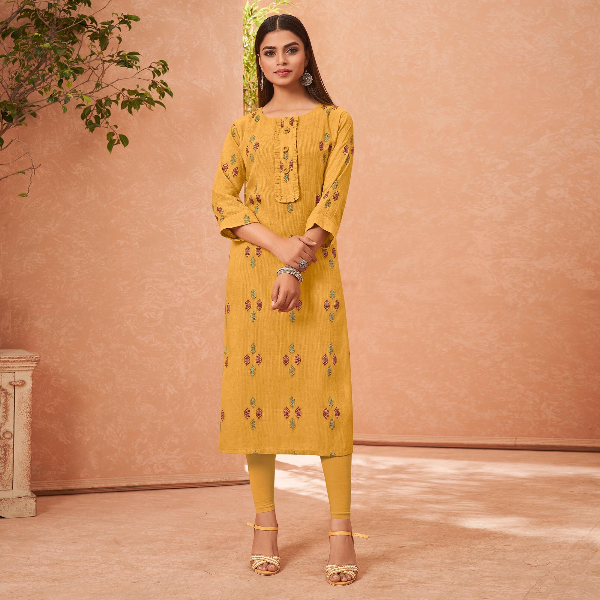 Yellow Embroidered Pure Cotton Kurti - Peachmode