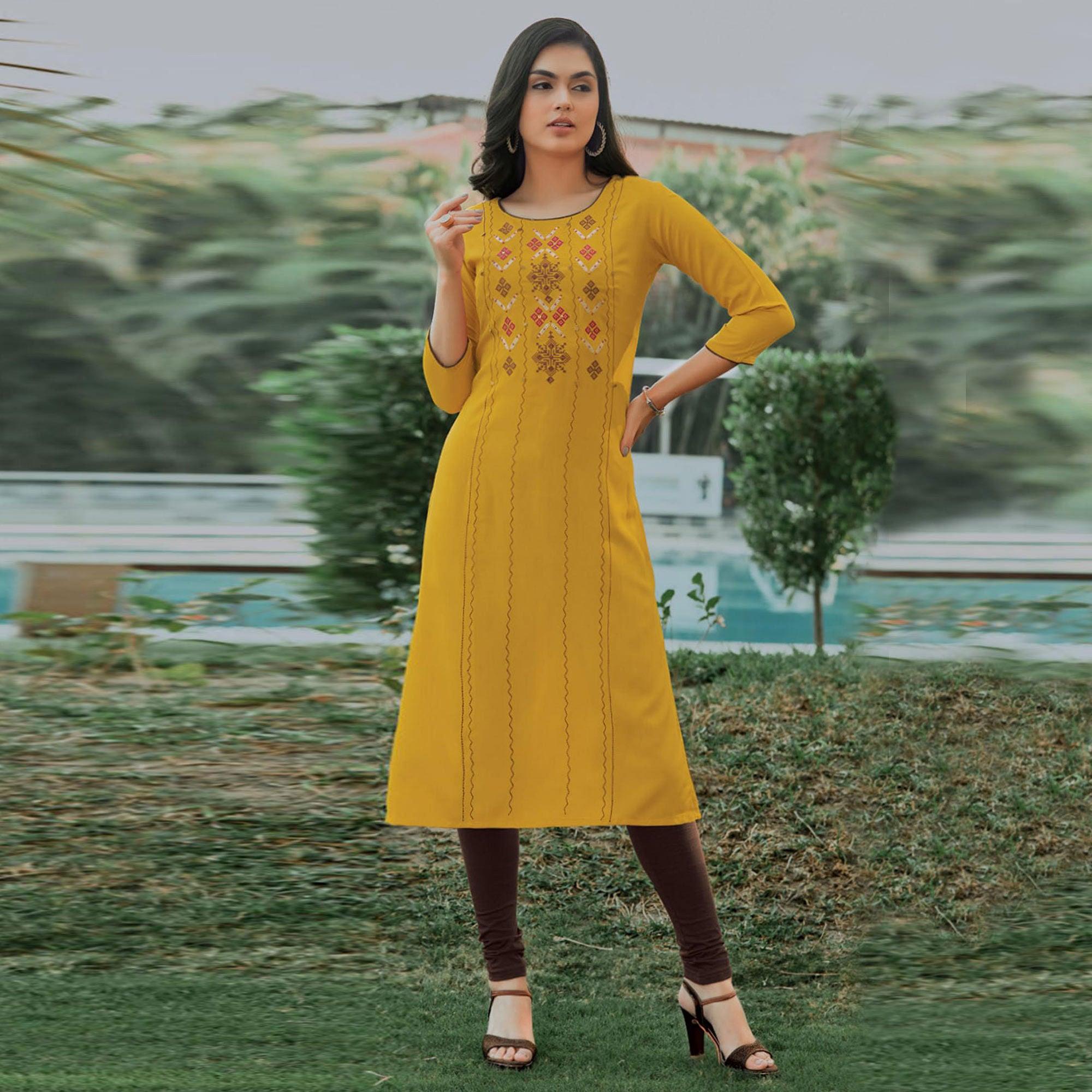 Yellow Embroidered Pure Cotton Kurti - Peachmode