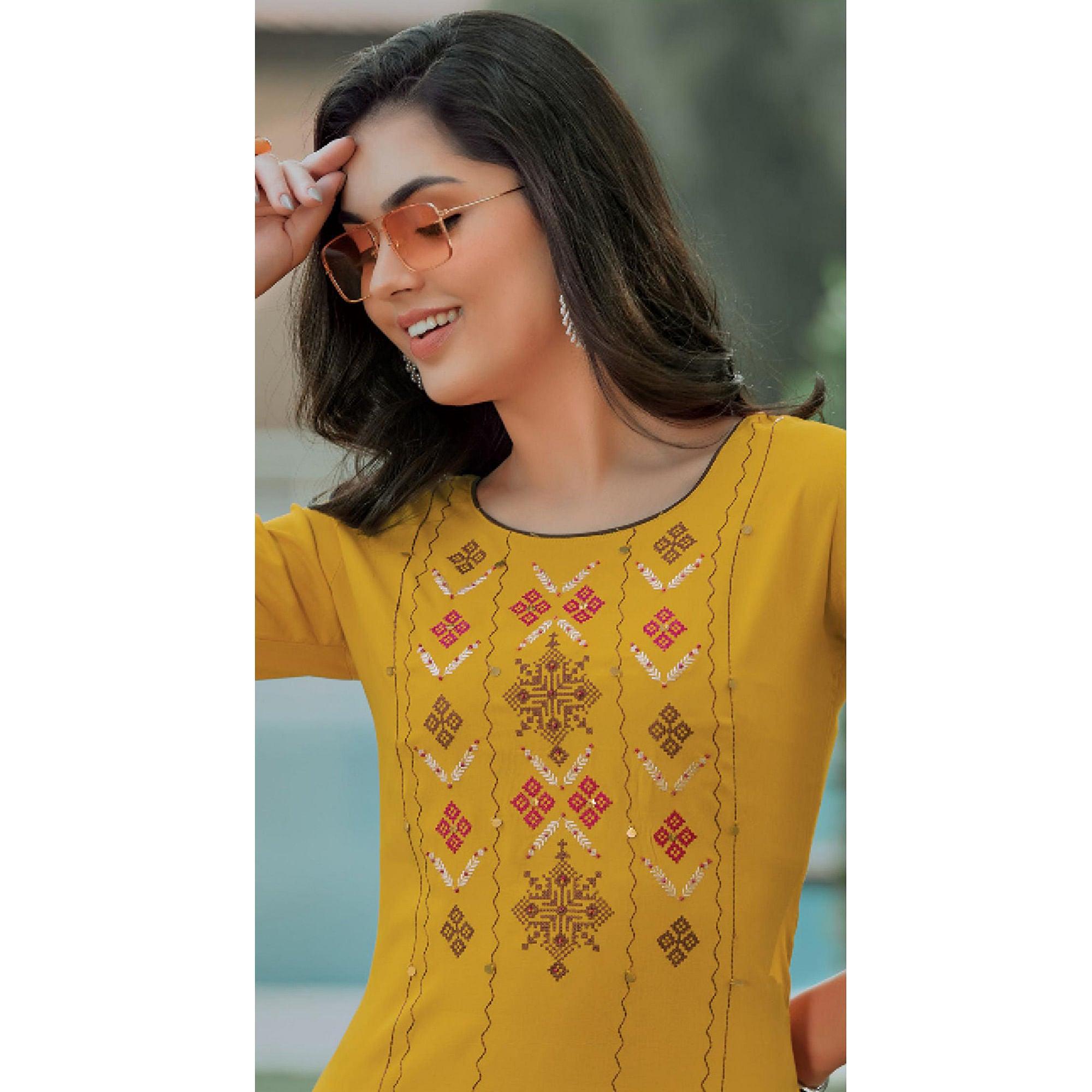 Yellow Embroidered Pure Cotton Kurti - Peachmode