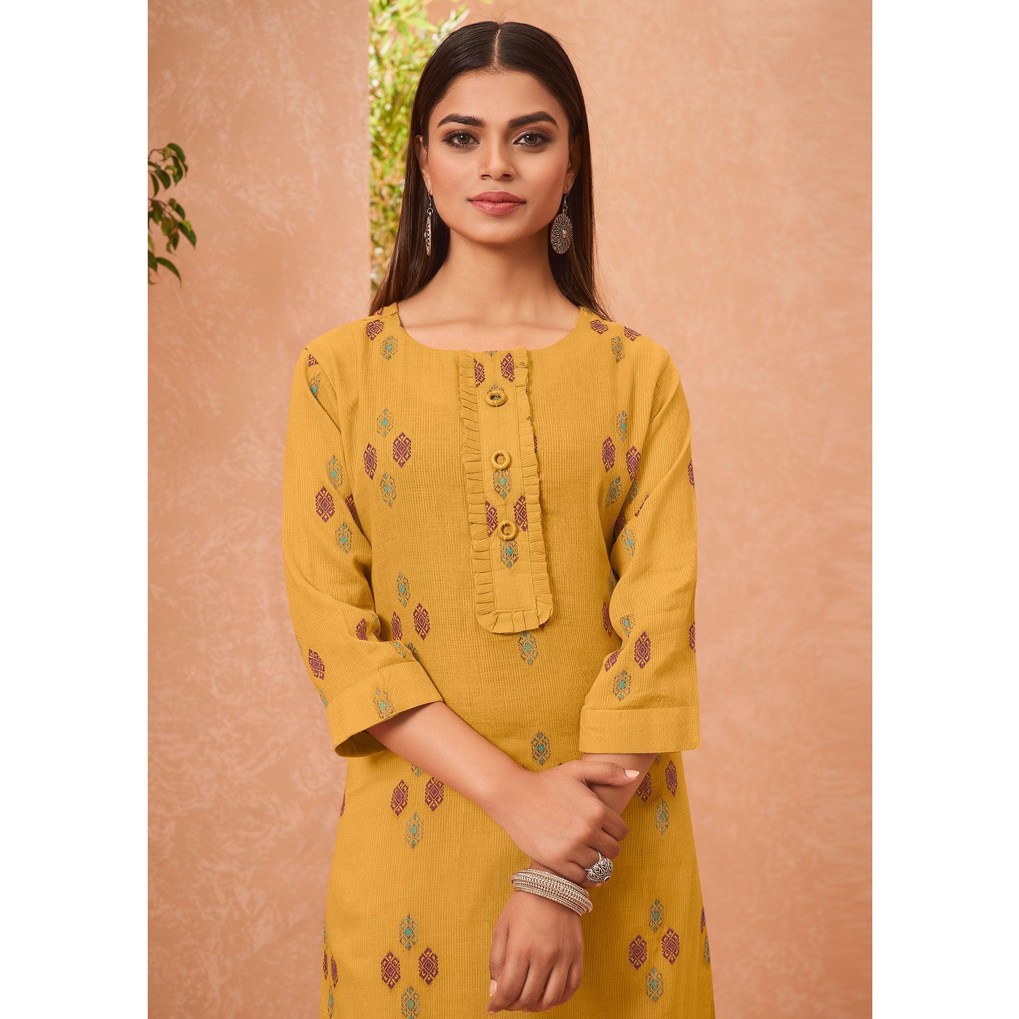 Yellow Embroidered Pure Cotton Kurti - Peachmode
