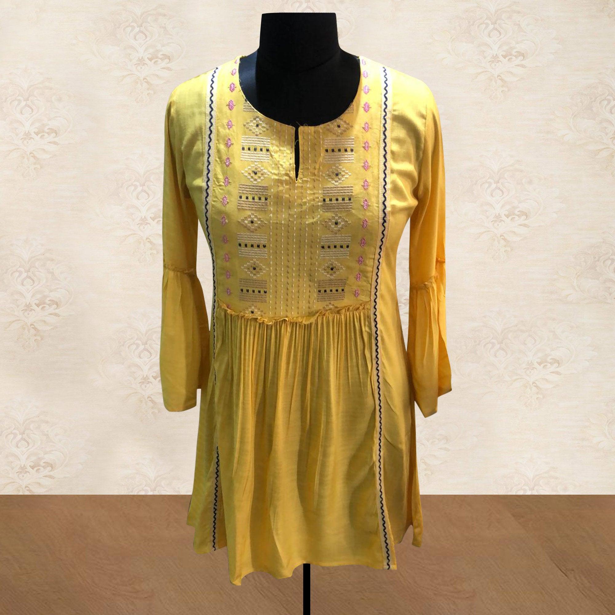Yellow Embroidered Pure Cotton Short Kurti - Peachmode