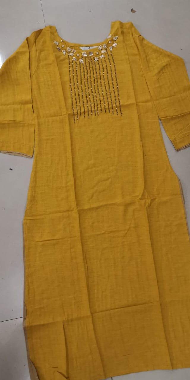 Yellow Embroidered Rayon Kurti - Peachmode