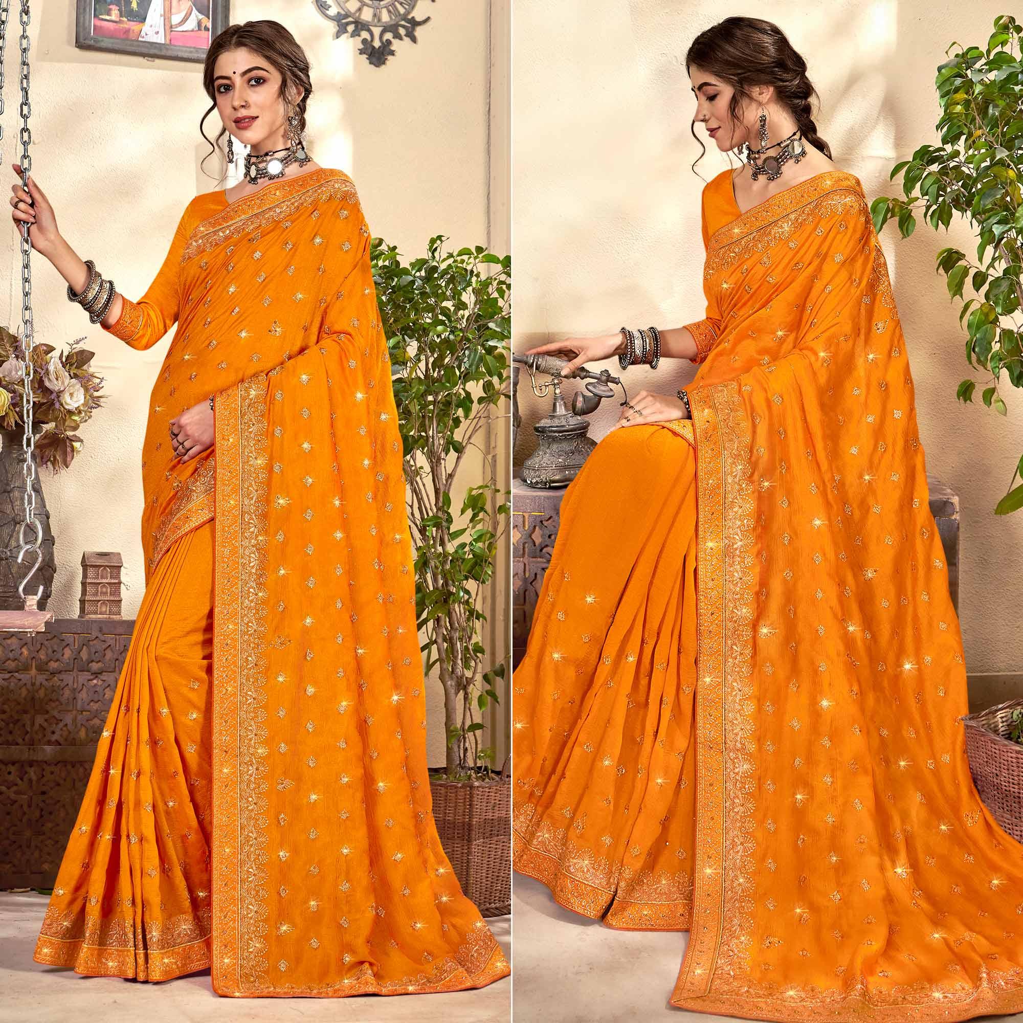 Yellow Embroidered Vichitra Silk Saree - Peachmode