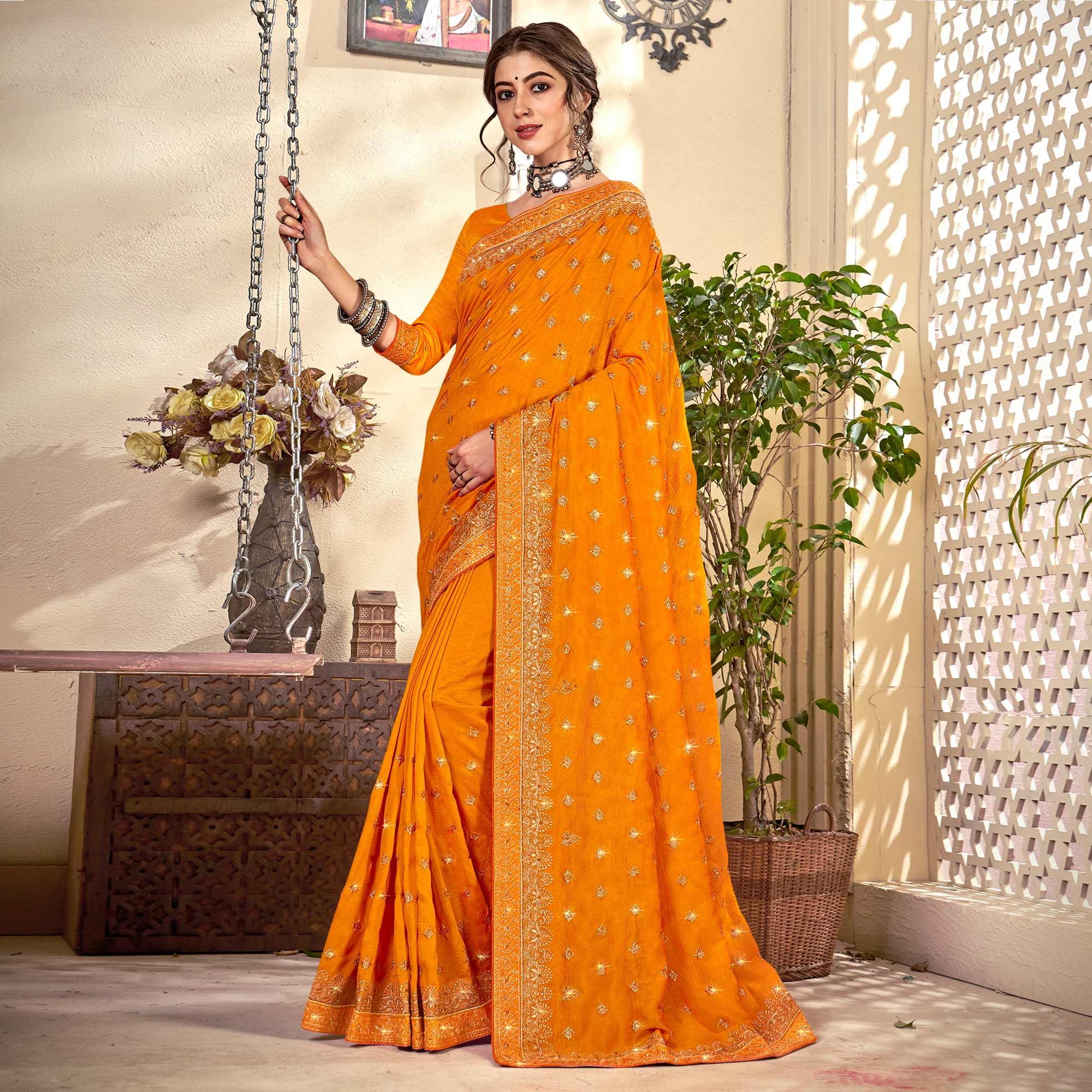Yellow Embroidered Vichitra Silk Saree - Peachmode