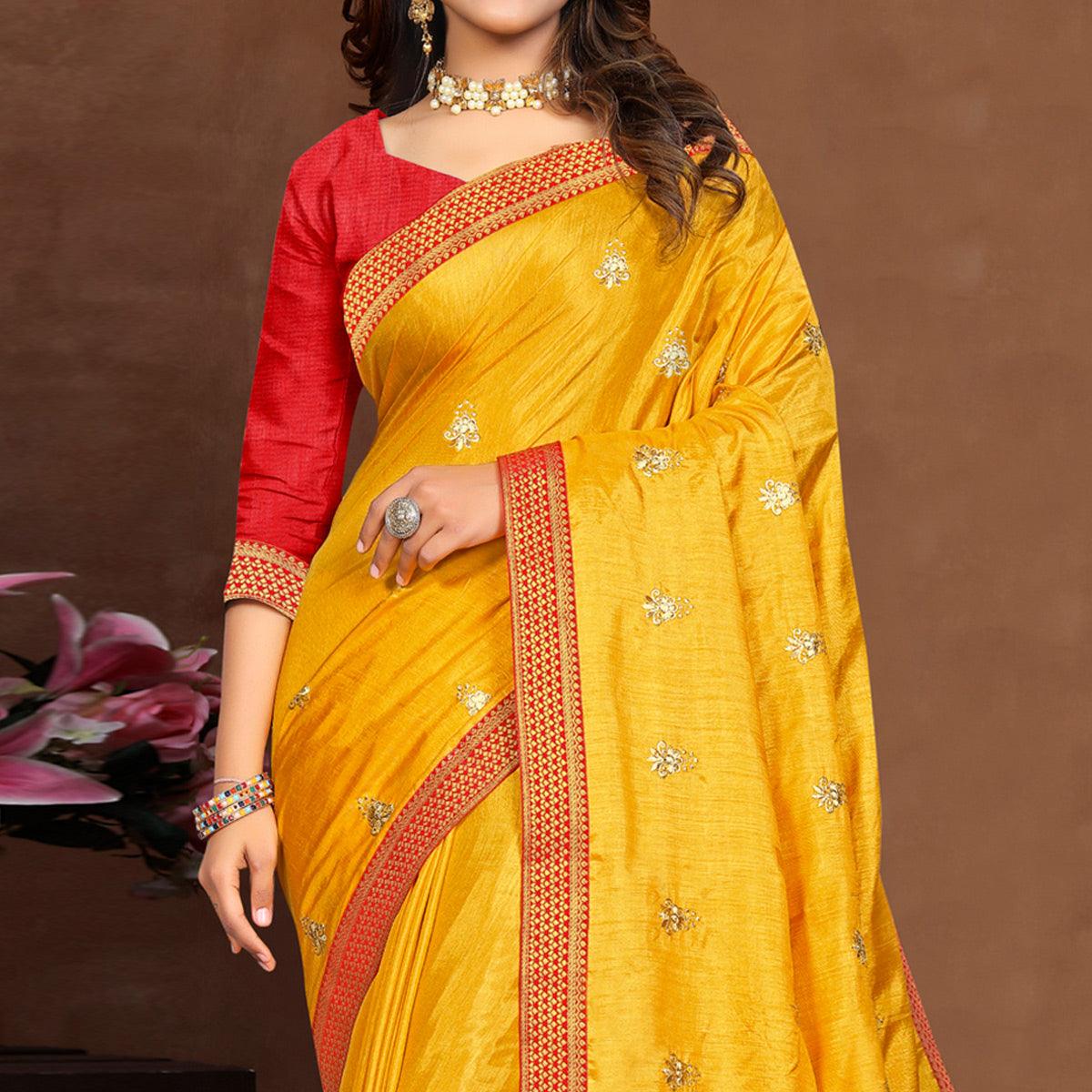 Yellow Embroidered Vichitra Silk Saree - Peachmode