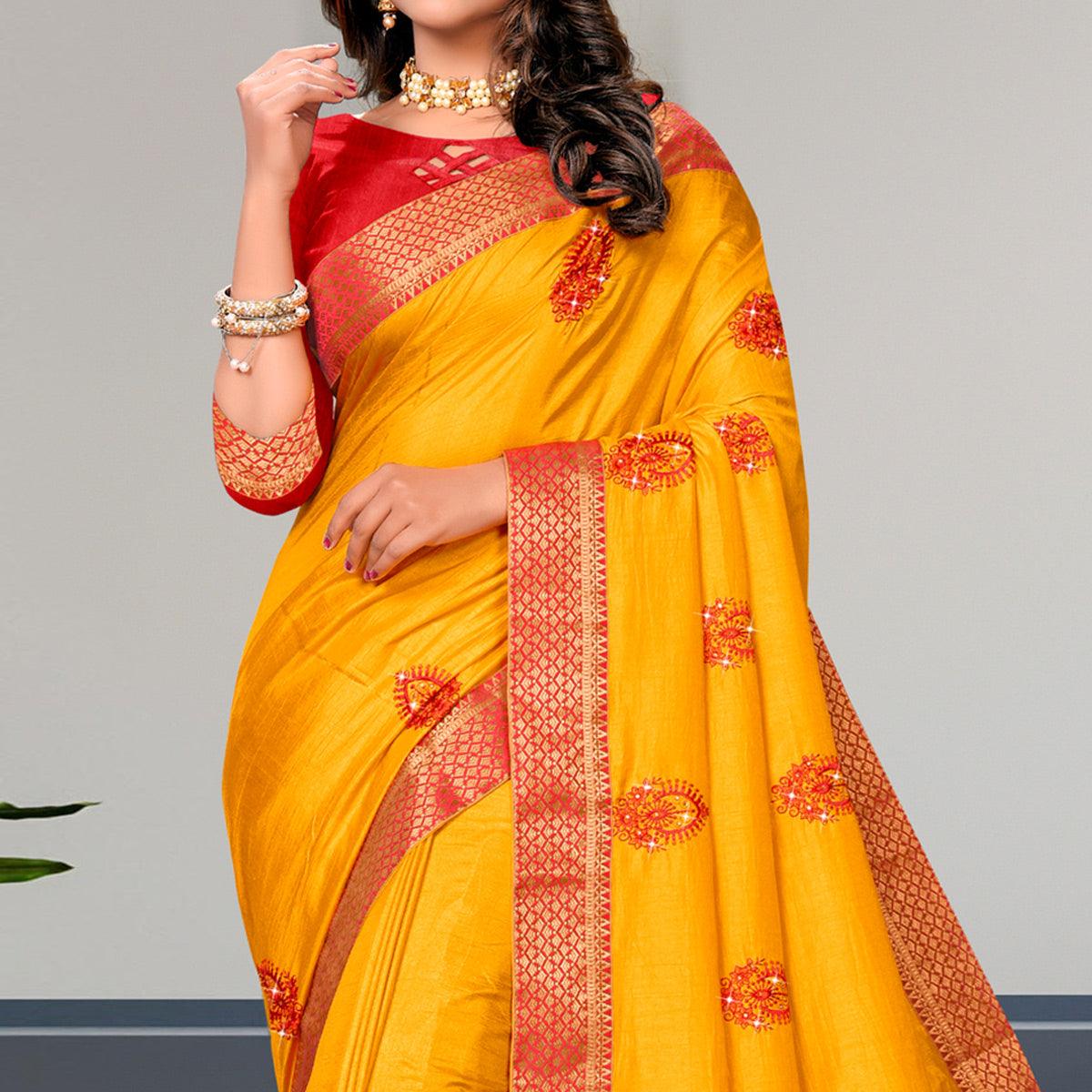 Yellow Embroidered Vichitra Silk Saree - Peachmode
