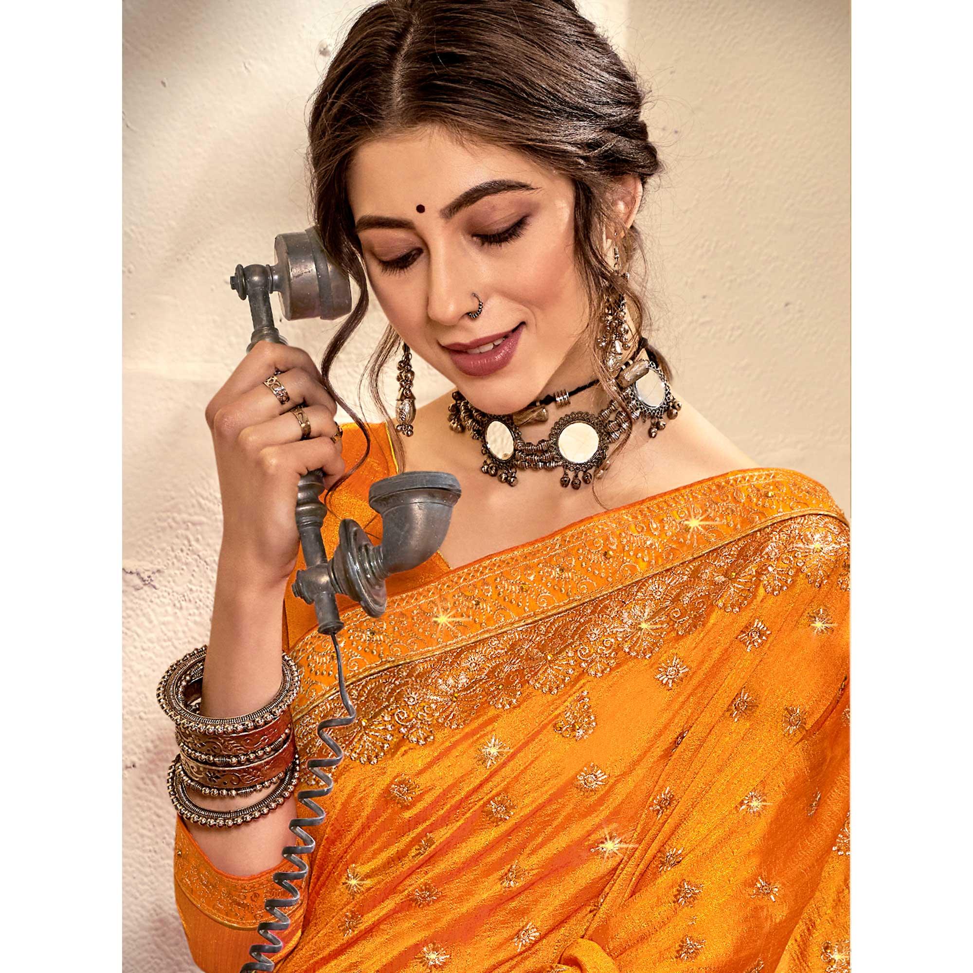 Yellow Embroidered Vichitra Silk Saree - Peachmode