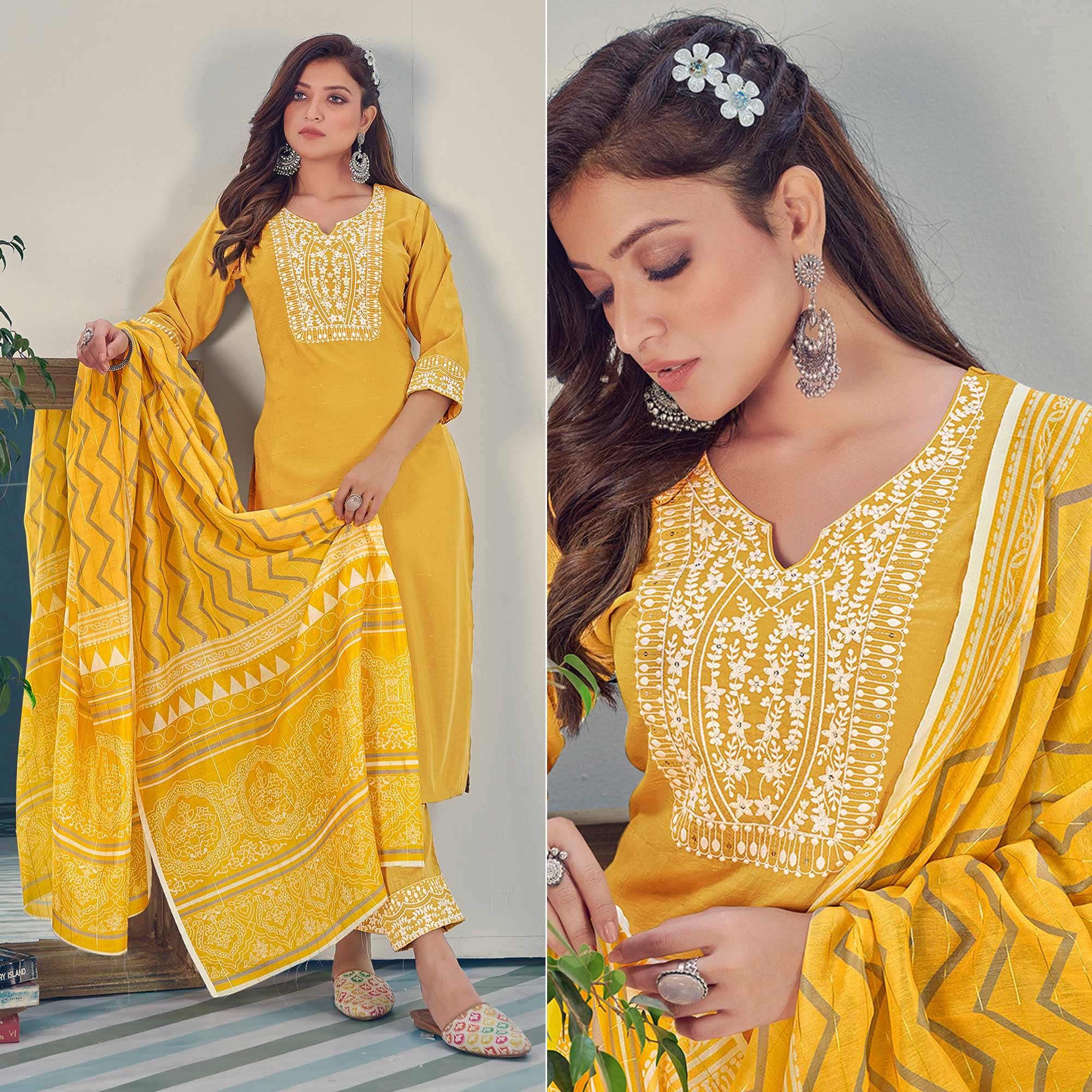 Yellow Embroidered With Embellished Chiffon Kurti Pant Set With Dupatta - Peachmode