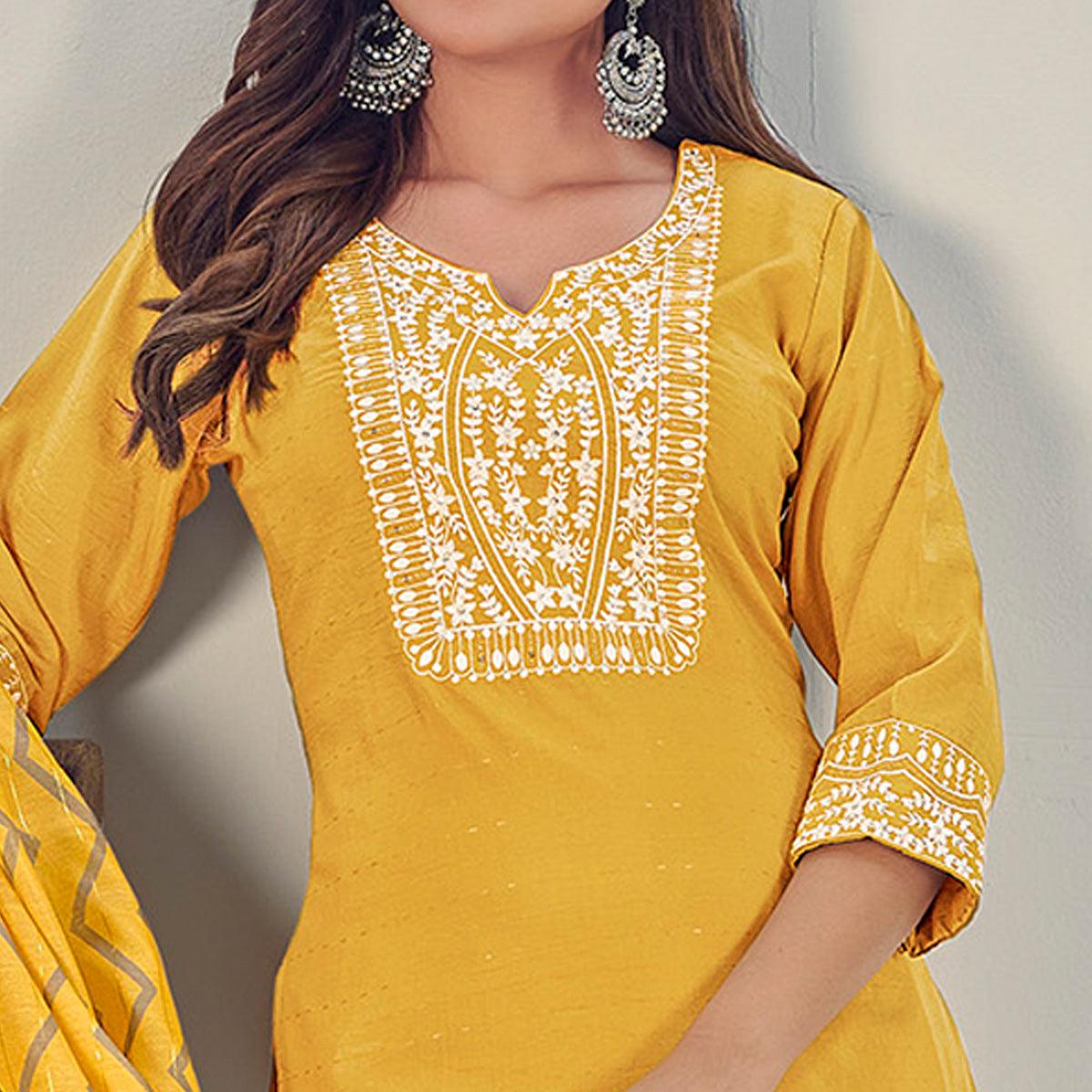 Yellow Embroidered With Embellished Chiffon Kurti Pant Set With Dupatta - Peachmode