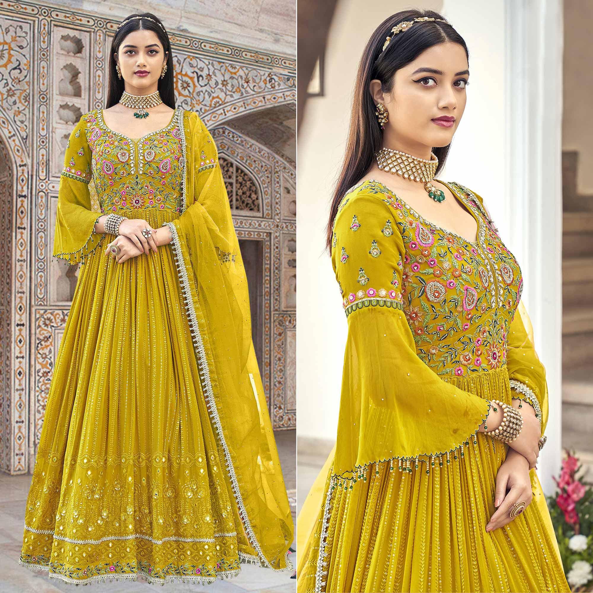 Yellow Embroidered With Embellished Georgette Anarkali Style Gown - Peachmode
