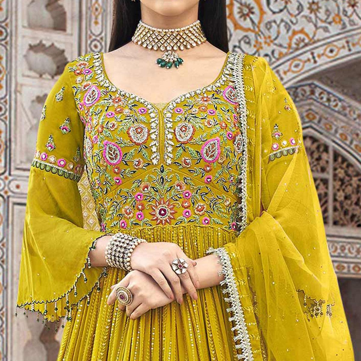 Yellow Embroidered With Embellished Georgette Anarkali Style Gown - Peachmode