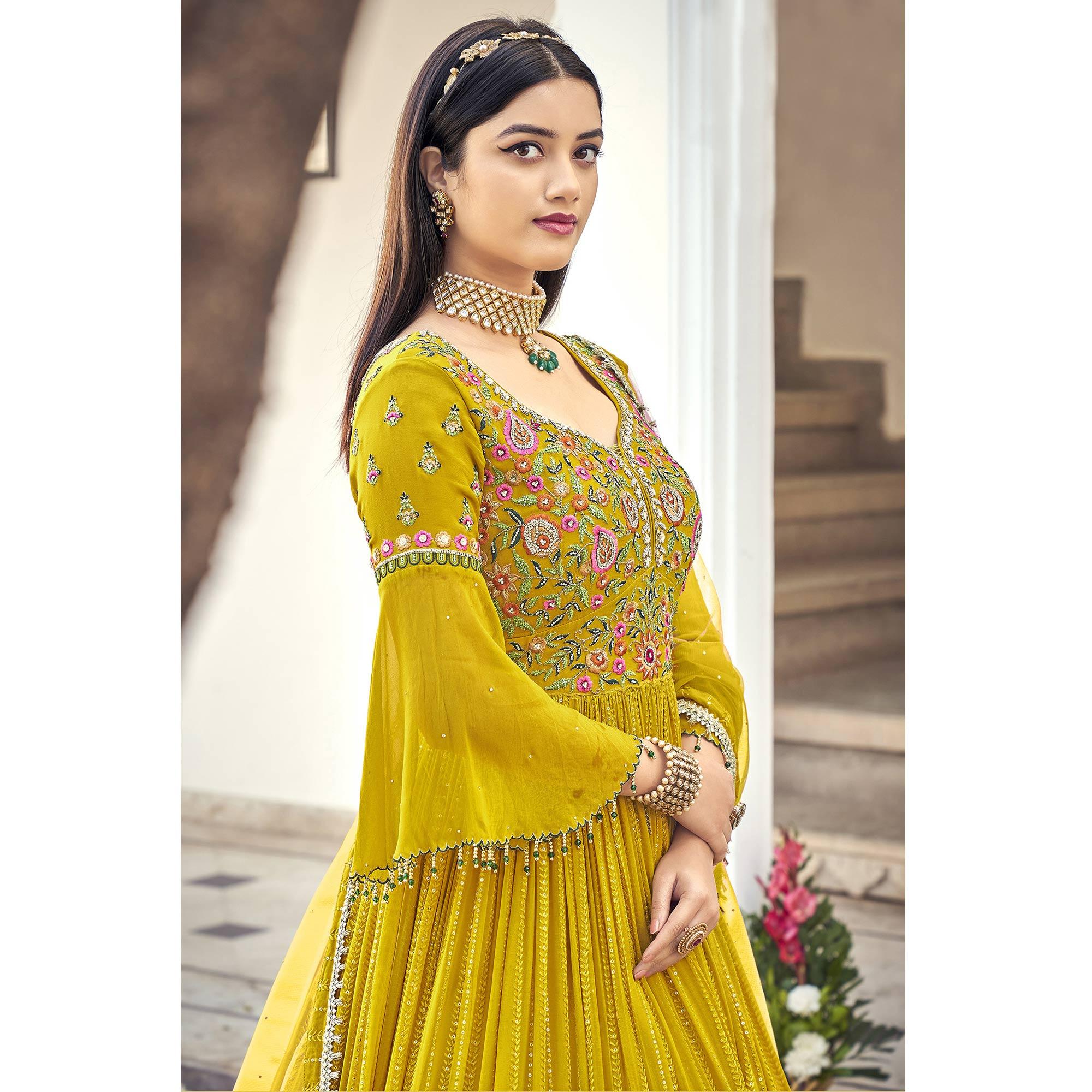 Yellow Embroidered With Embellished Georgette Anarkali Style Gown - Peachmode