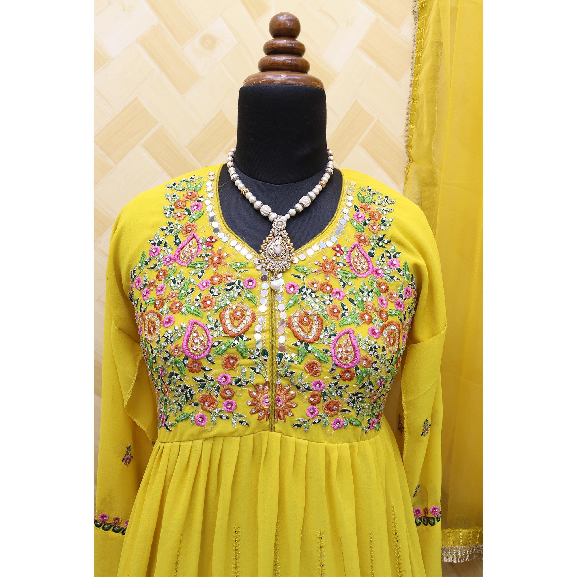 Yellow Embroidered With Embellished Georgette Anarkali Style Gown - Peachmode