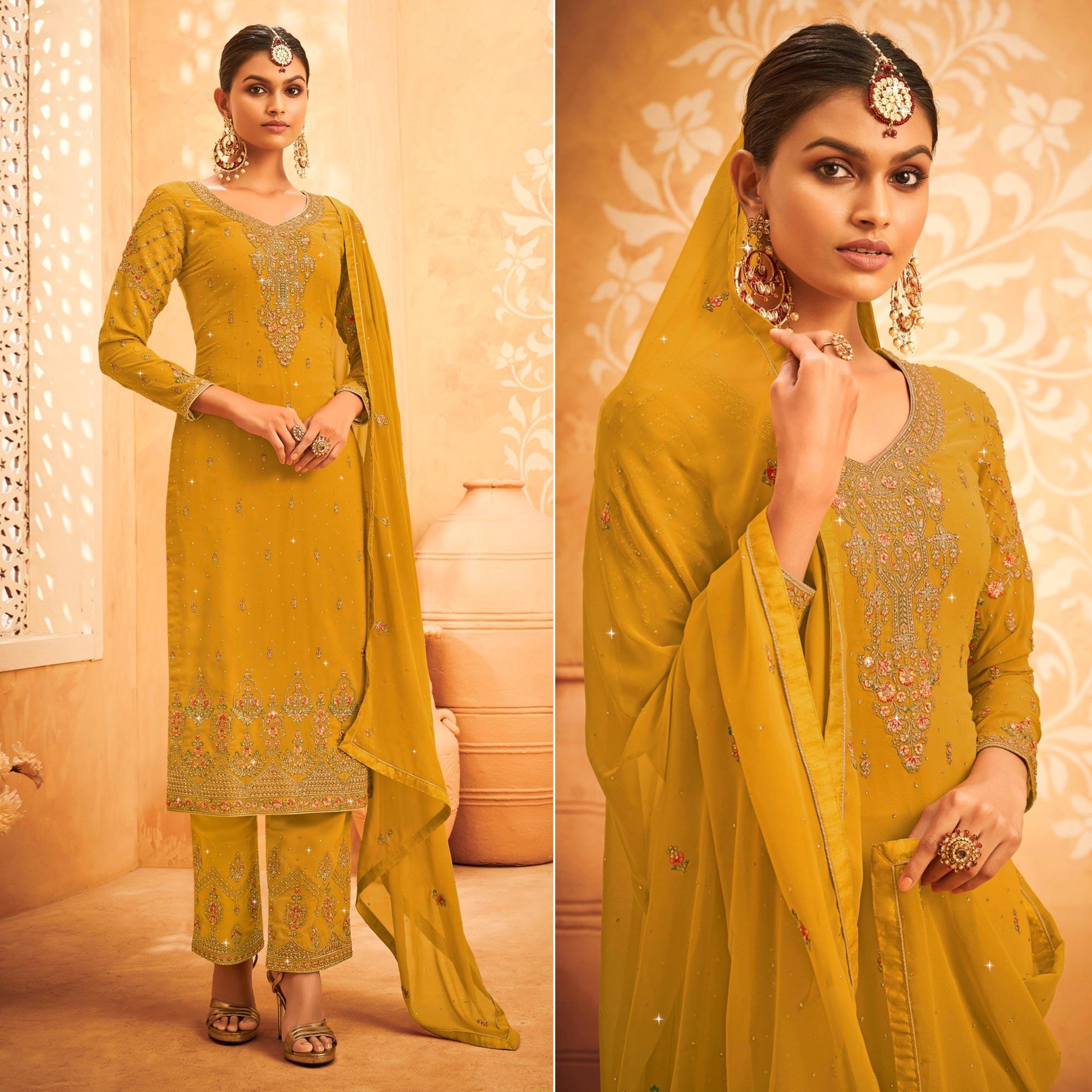 Yellow Embroidered With Embellished Georgette Palazzo Suit - Peachmode