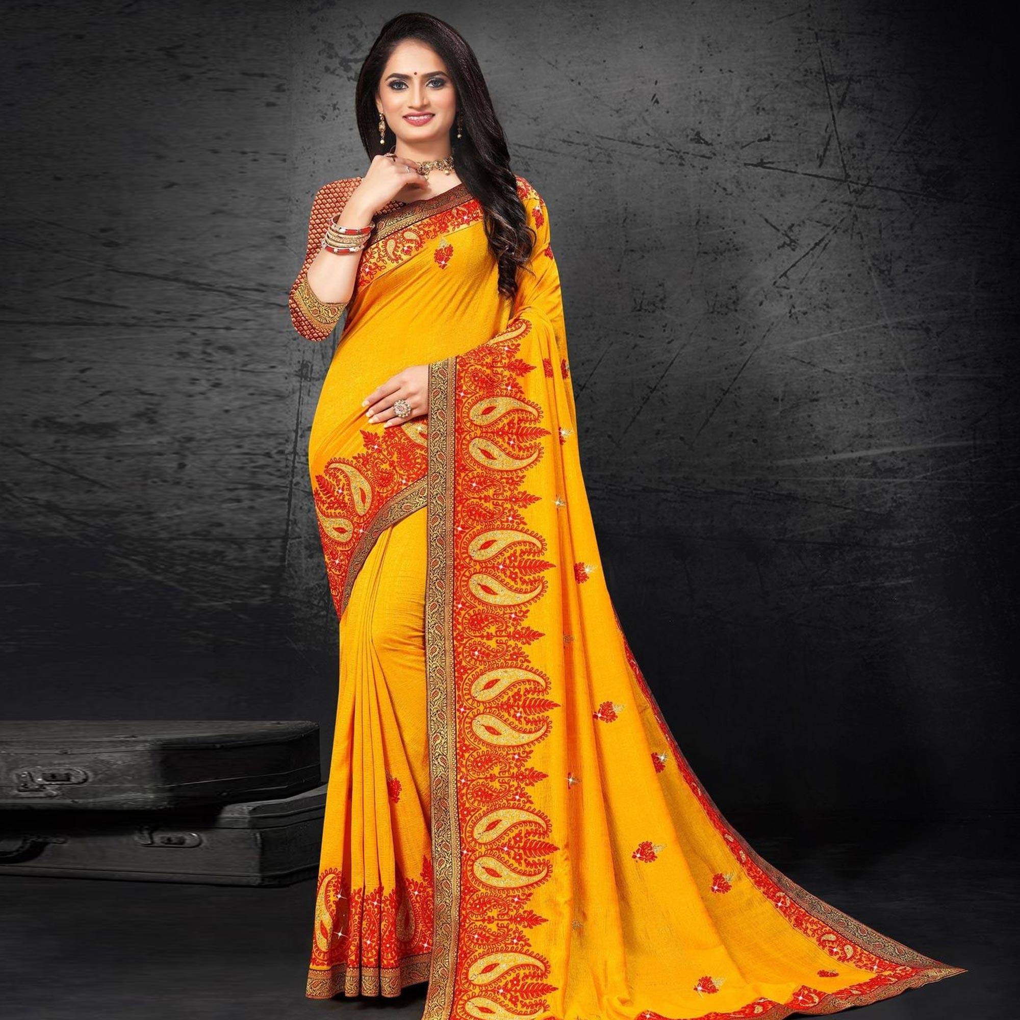 Yellow Embroidered With Embellished Vichitra Silk Saree - Peachmode