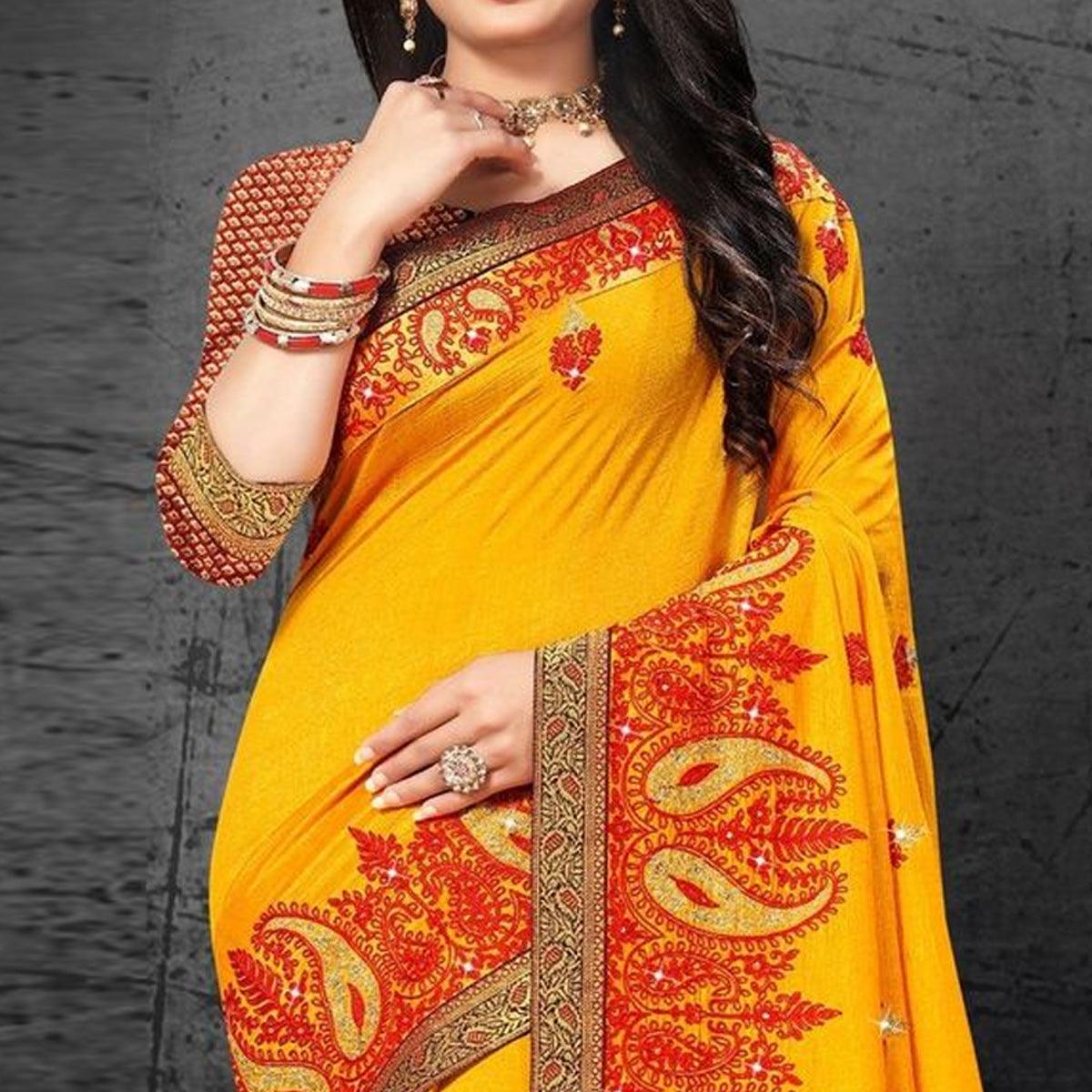 Yellow Embroidered With Embellished Vichitra Silk Saree - Peachmode