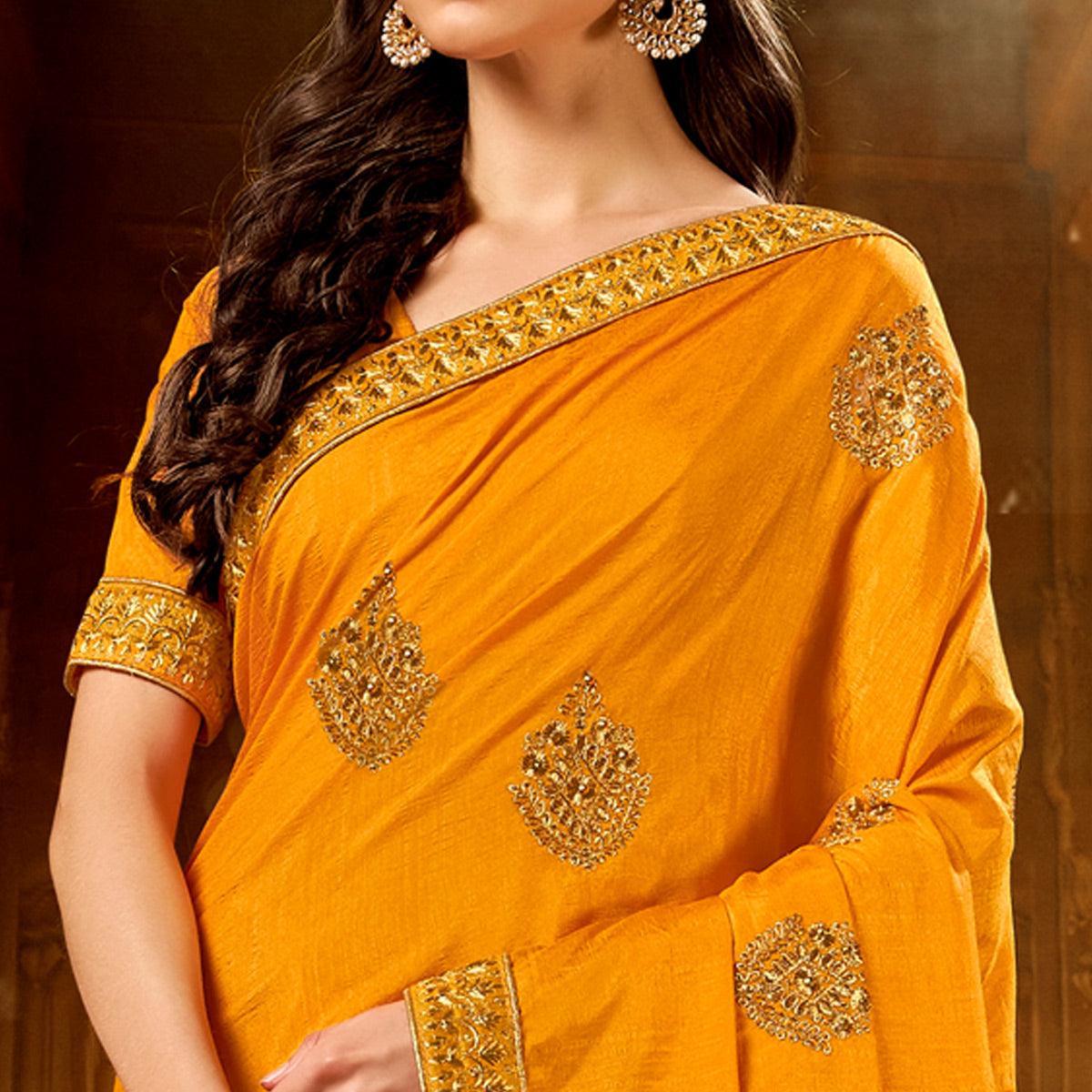 Yellow Embroidered With Embellished Vichitra Silk Saree - Peachmode