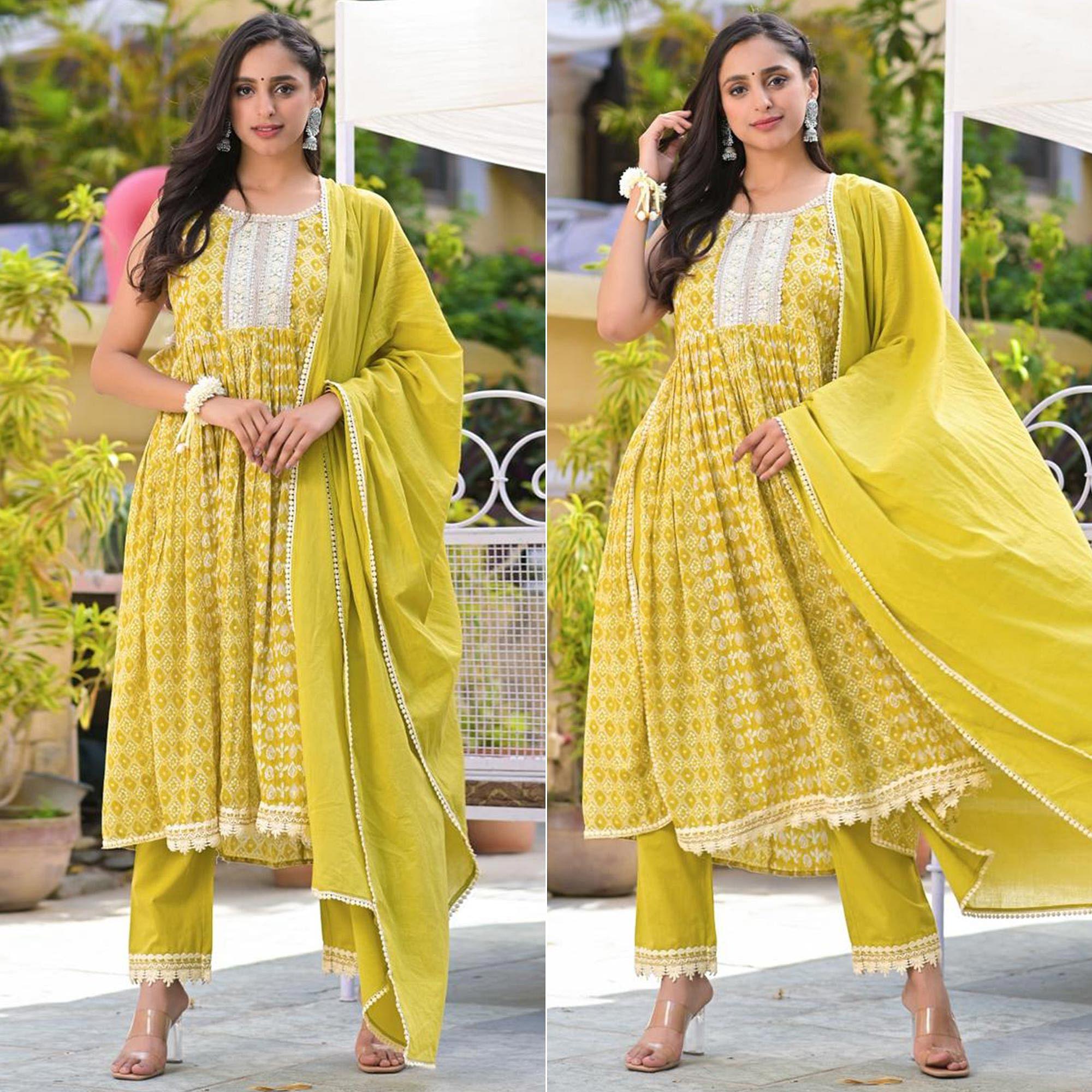 Yellow Embroidered With Printed Cotton Anarkali Suit - Peachmode