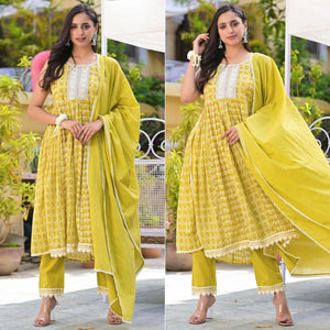 Yellow Embroidered With Printed Cotton Anarkali Suit - Peachmode