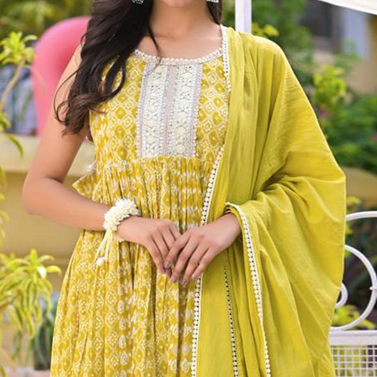 Yellow Embroidered With Printed Cotton Anarkali Suit - Peachmode