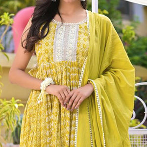 Yellow Embroidered With Printed Cotton Anarkali Suit - Peachmode
