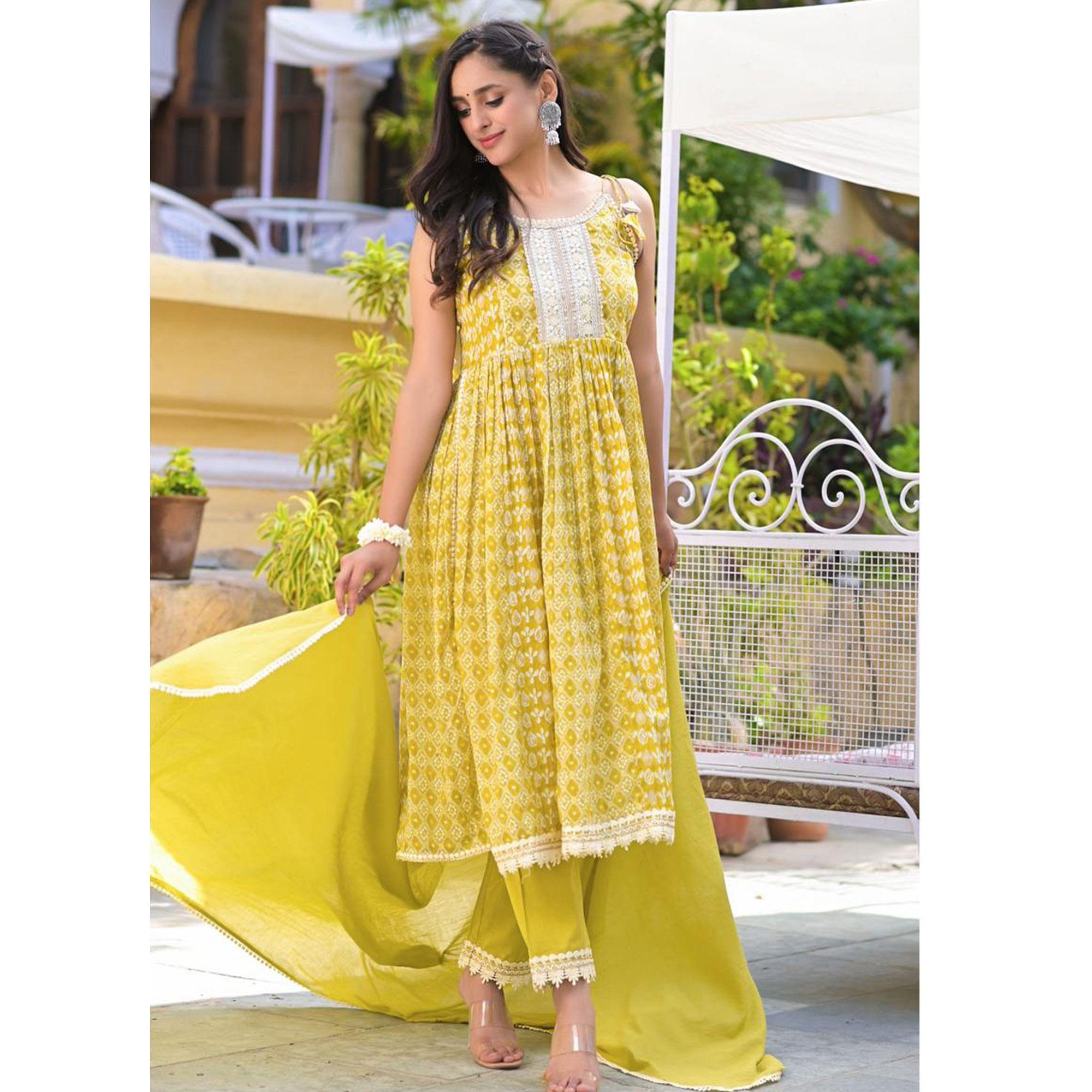 Yellow Embroidered With Printed Cotton Anarkali Suit - Peachmode