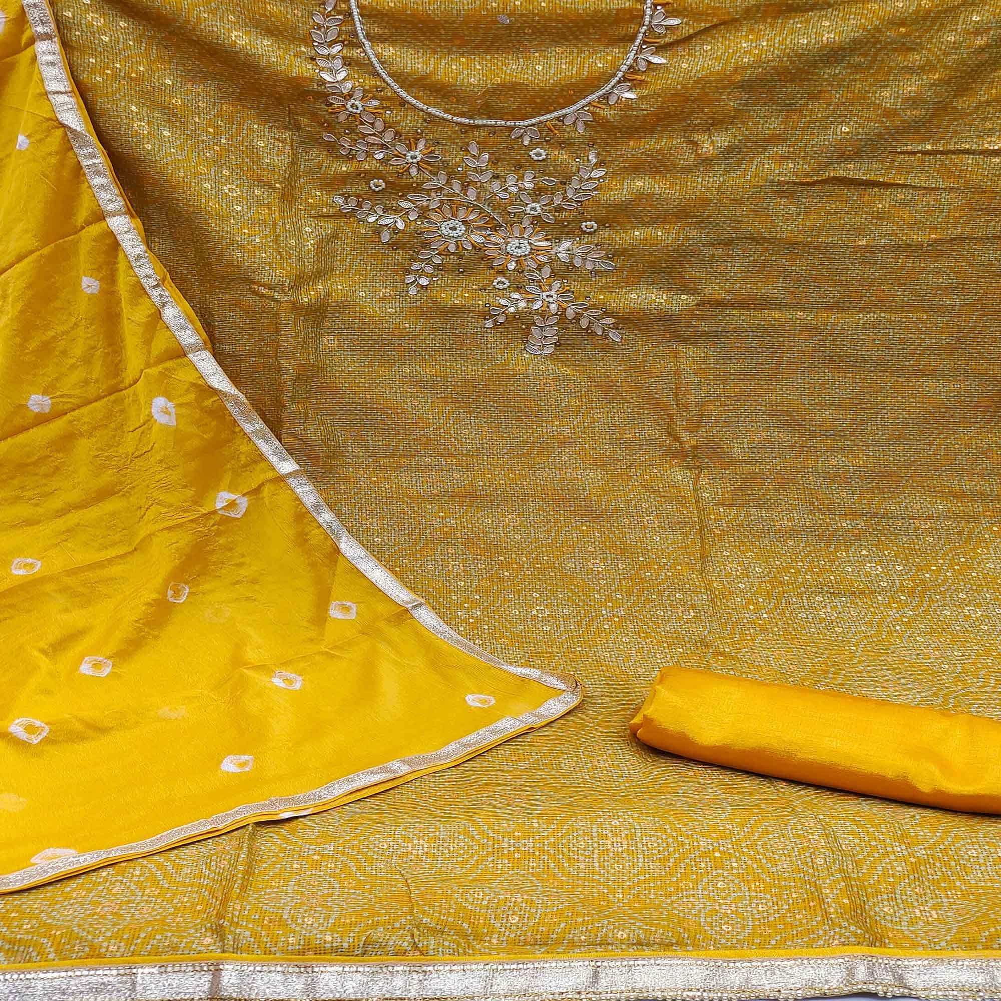 Yellow Embroidered With Printed Khaadi Dress Material - Peachmode