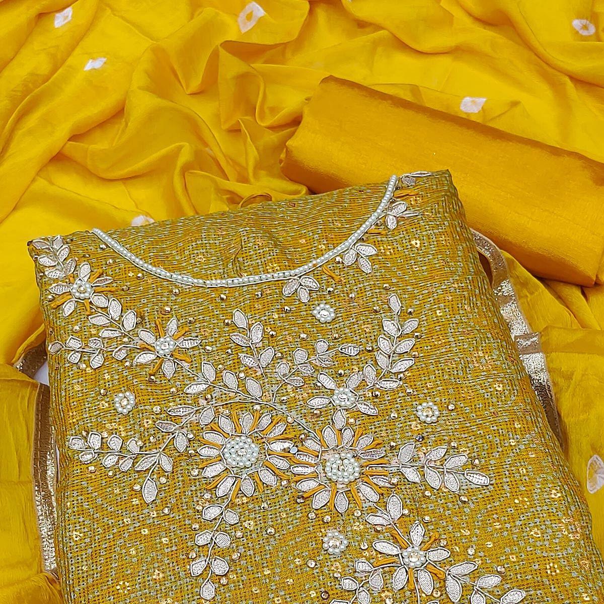 Yellow Embroidered With Printed Khaadi Dress Material - Peachmode