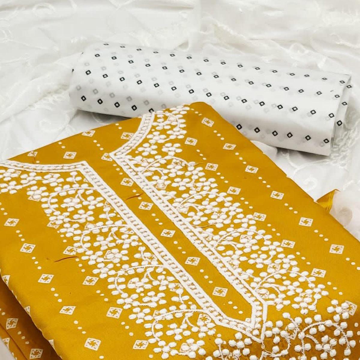 Yellow Embroidered With Printed Rayon Dress Material - Peachmode