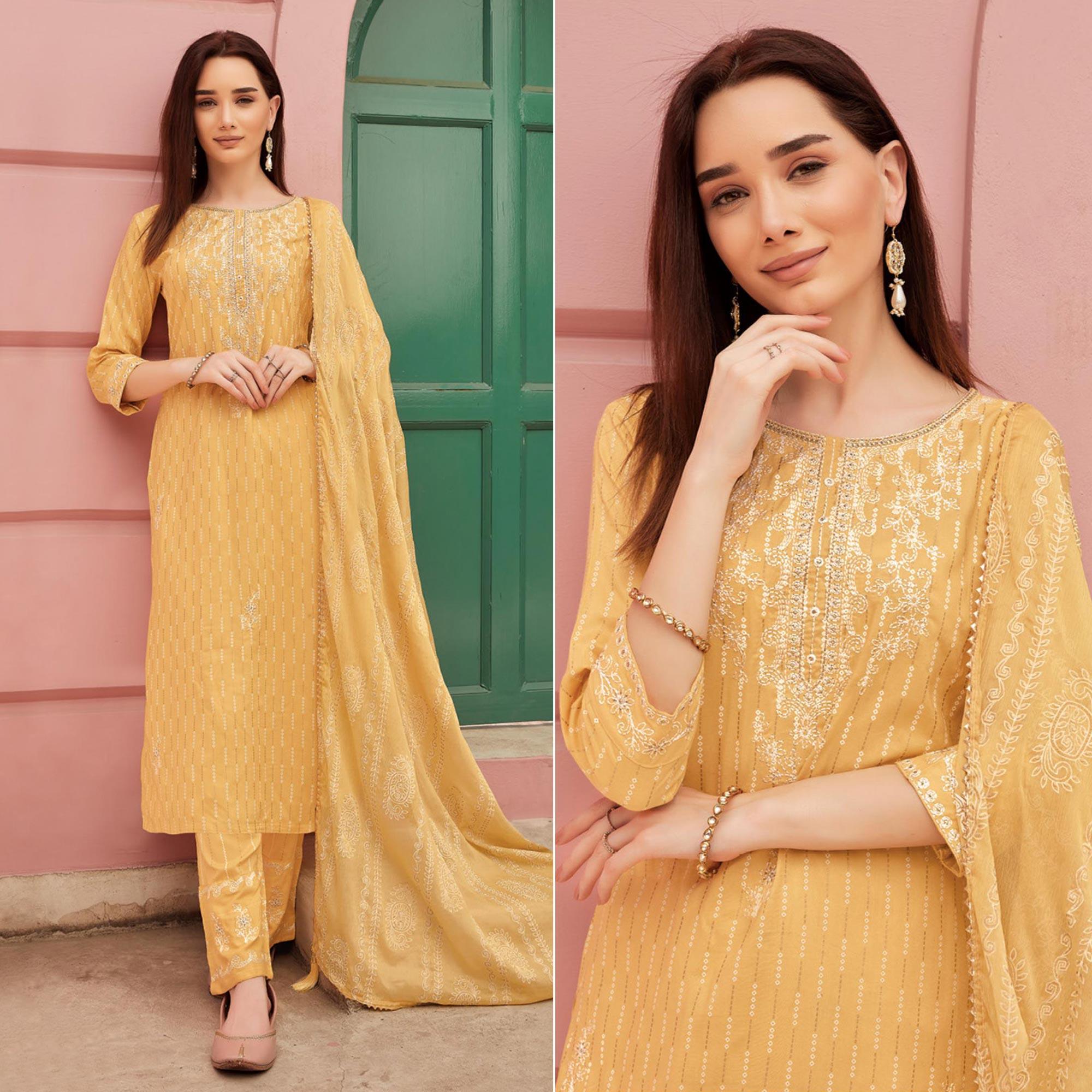 Yellow Embroidery With Printed Pure Cotton Kurti Pant Set With Dupatta - Peachmode