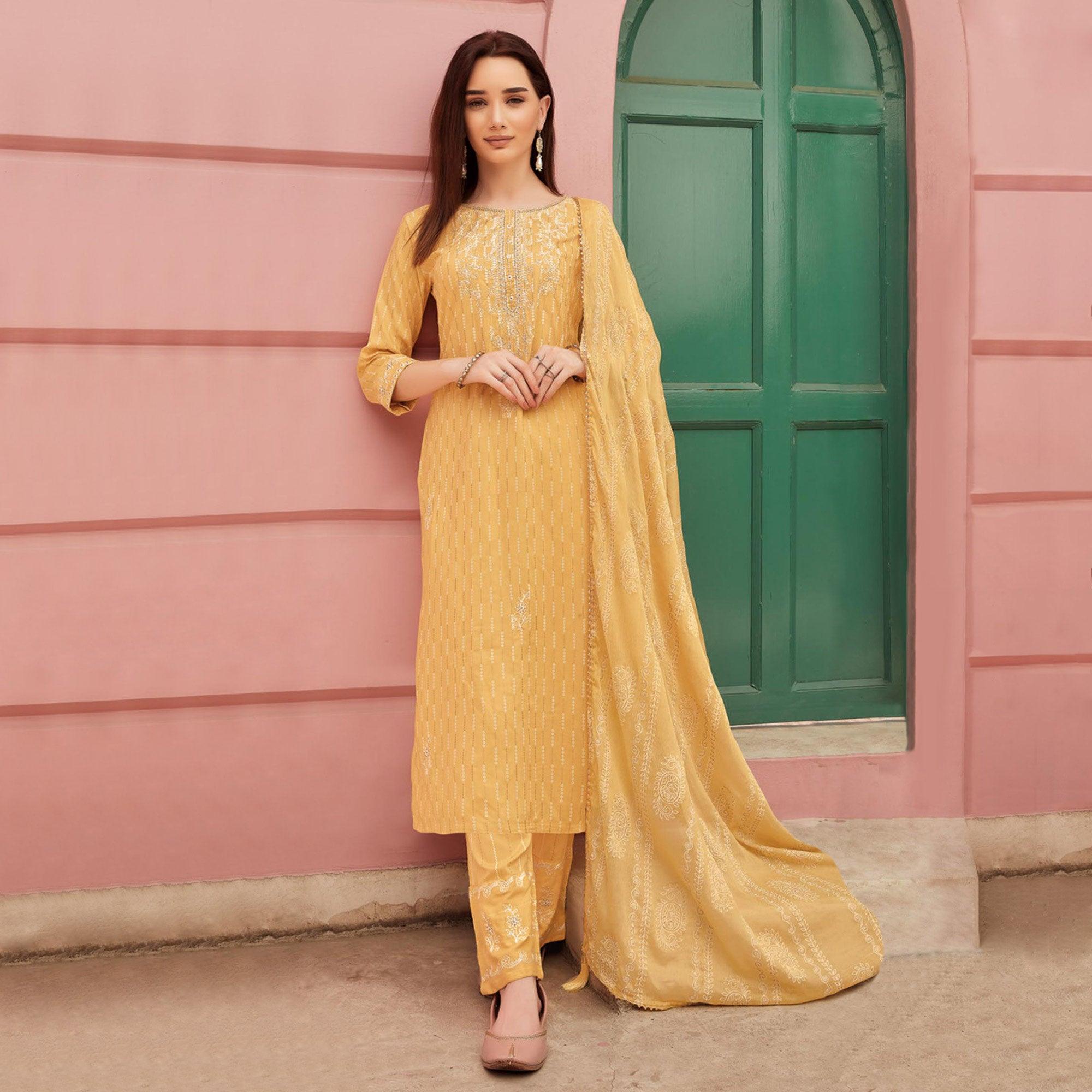 Yellow Embroidery With Printed Pure Cotton Kurti Pant Set With Dupatta - Peachmode