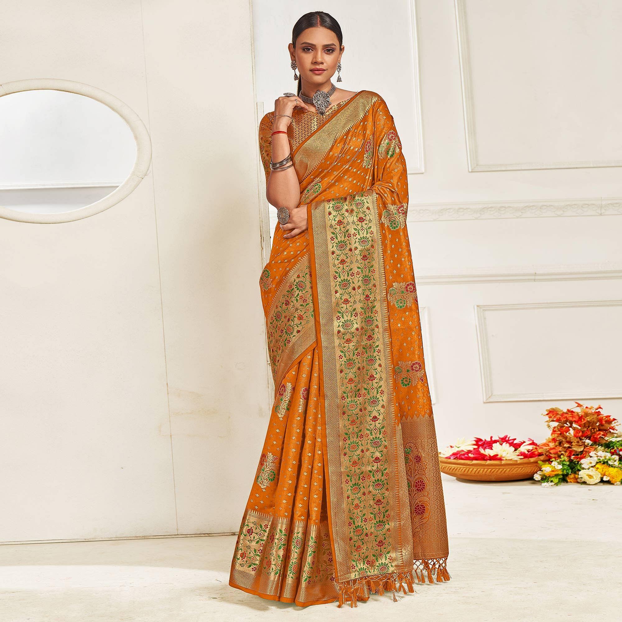Yellow Festive Wear Banarasi Woven Organza Saree - Peachmode