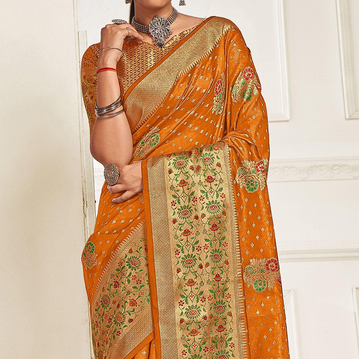 Yellow Festive Wear Banarasi Woven Organza Saree - Peachmode