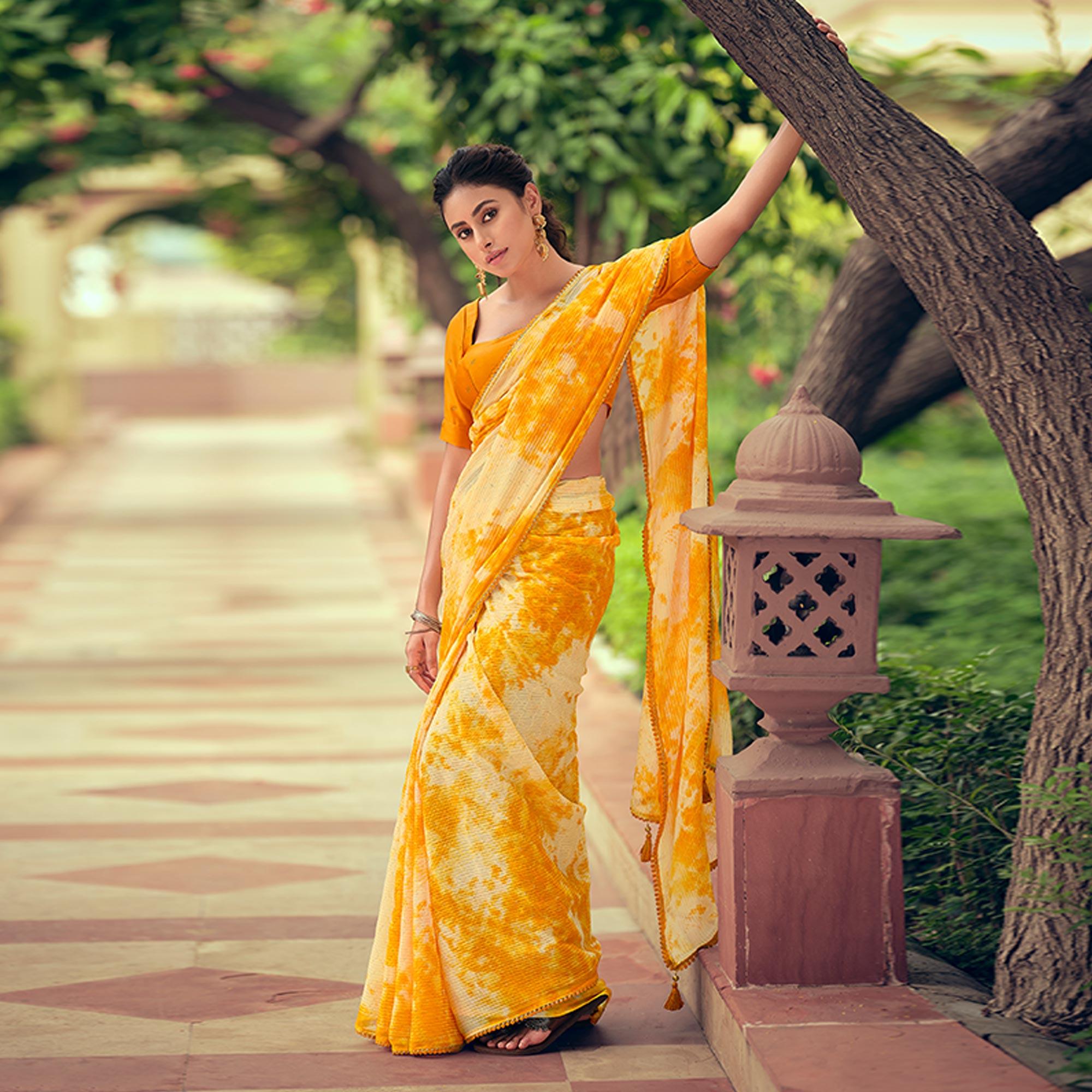 Yellow Festive Wear Crochet Work Georgette Saree - Peachmode