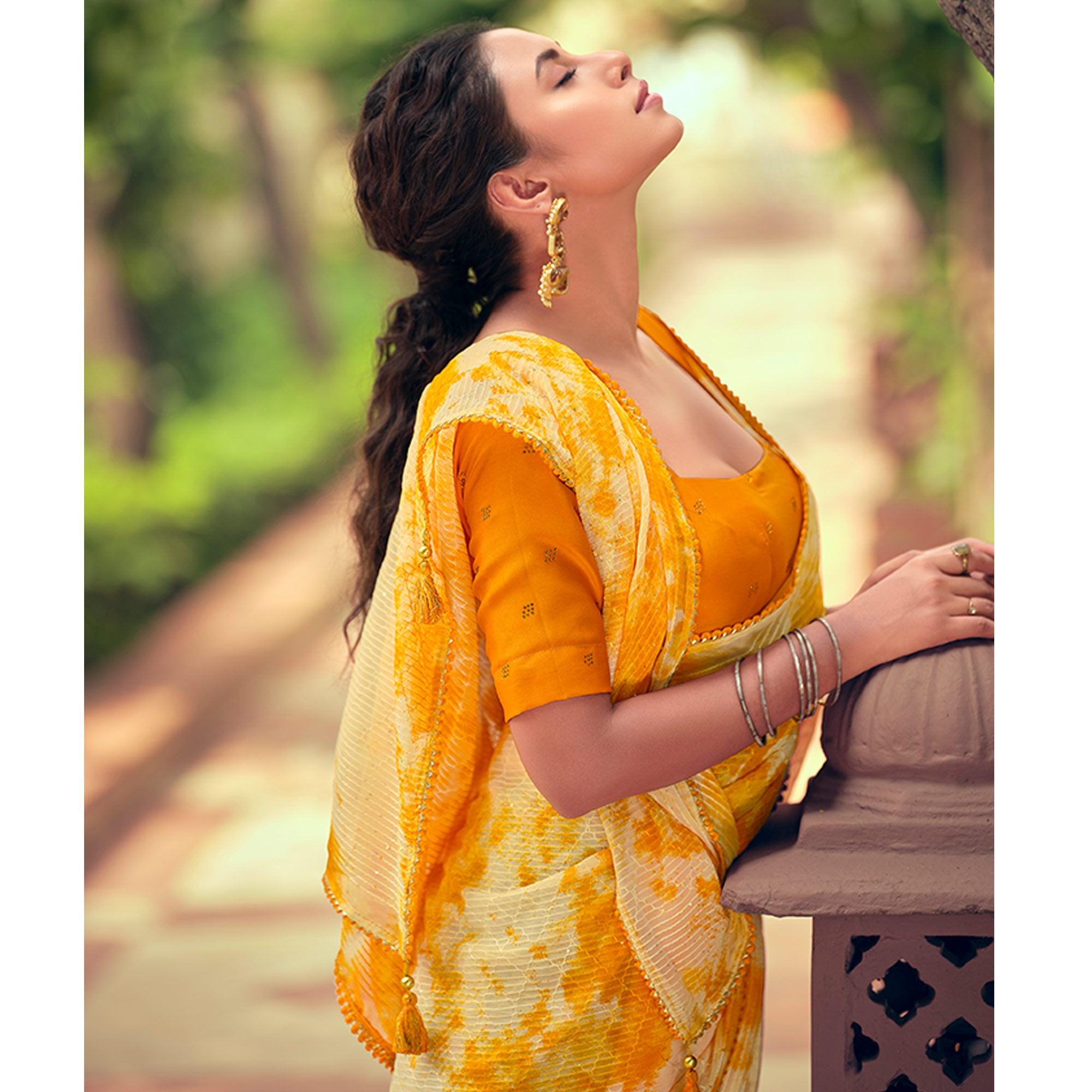 Yellow Festive Wear Crochet Work Georgette Saree - Peachmode