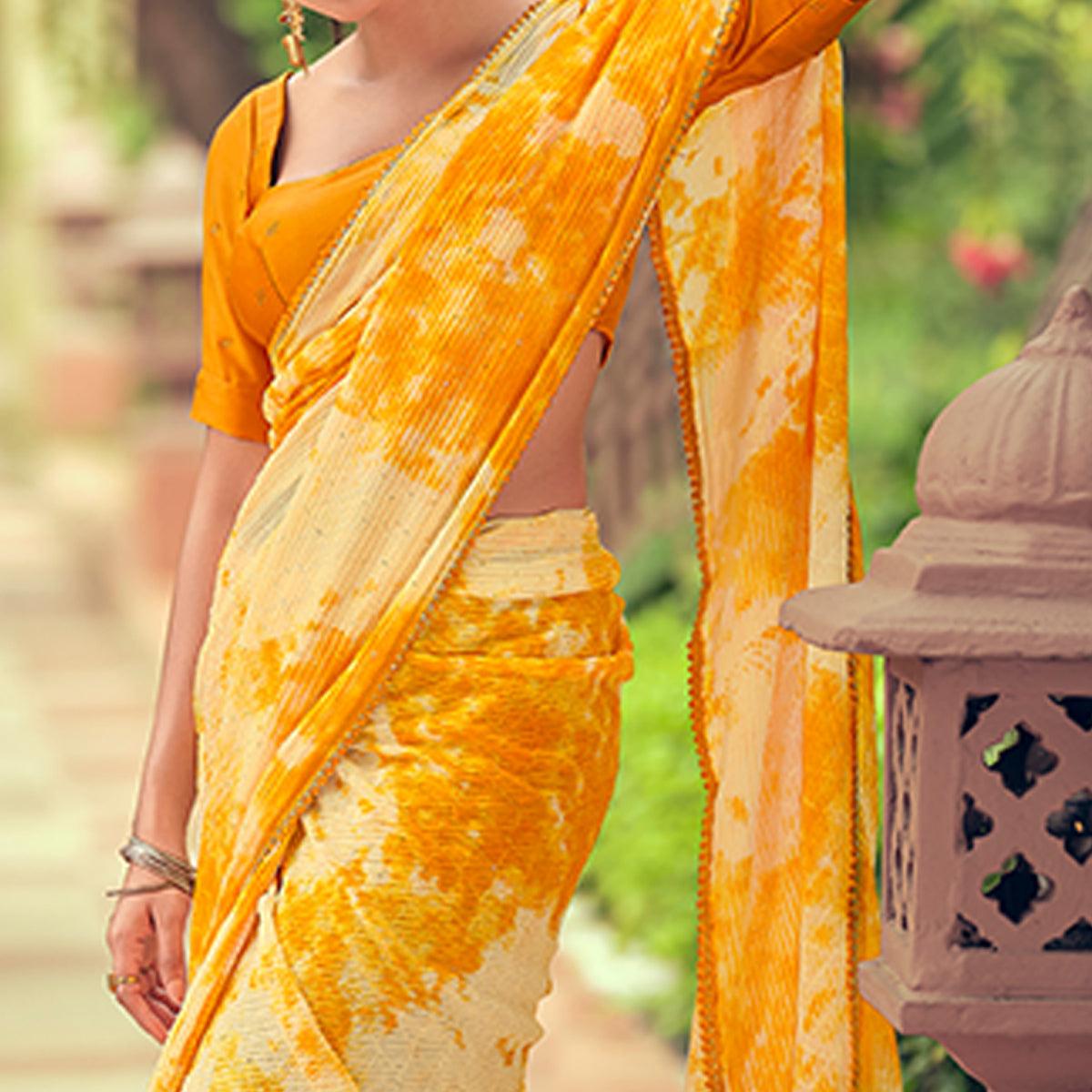 Yellow Festive Wear Crochet Work Georgette Saree - Peachmode