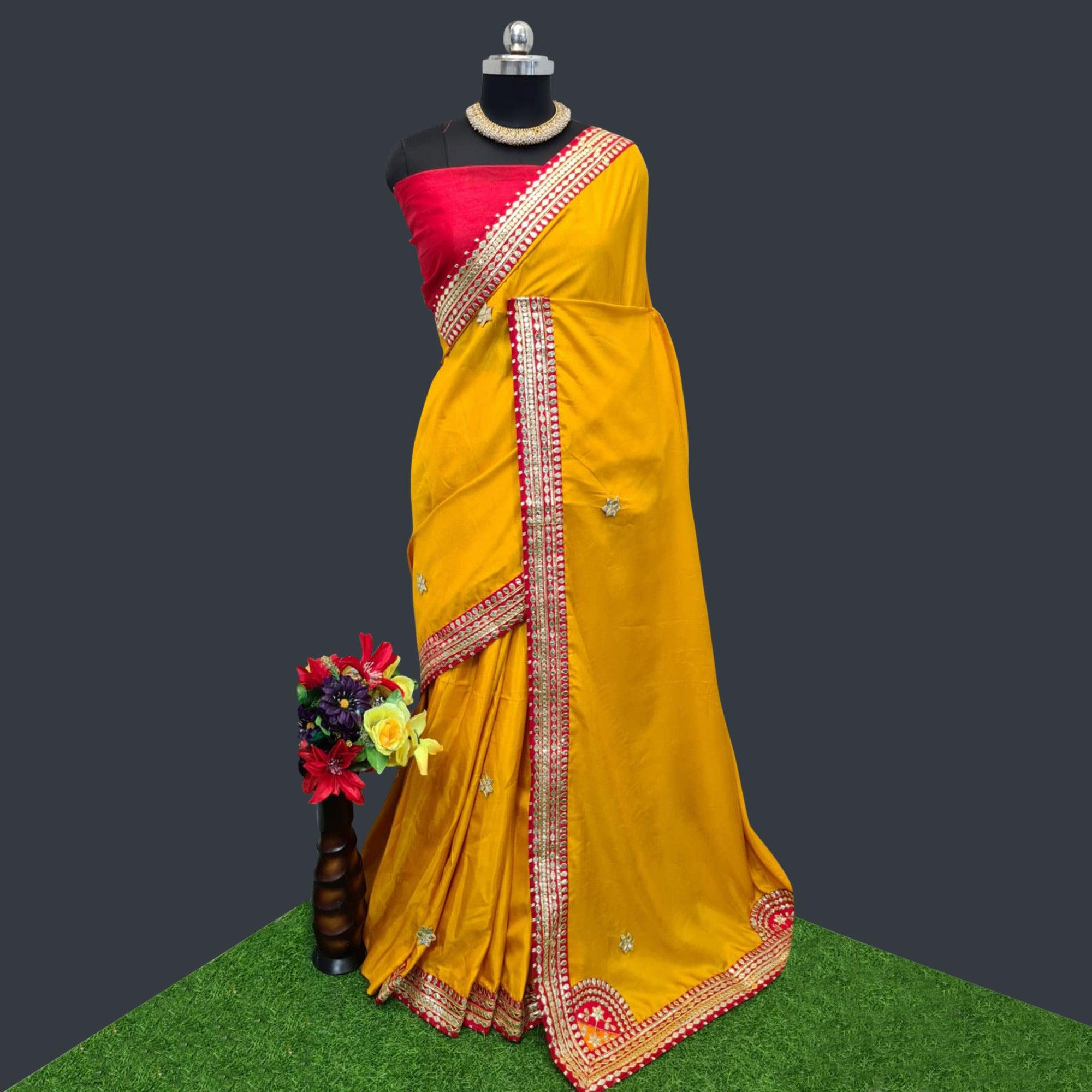 Yellow Festive Wear Dola Silk Saree With Gotta Patti Lace Border - Peachmode