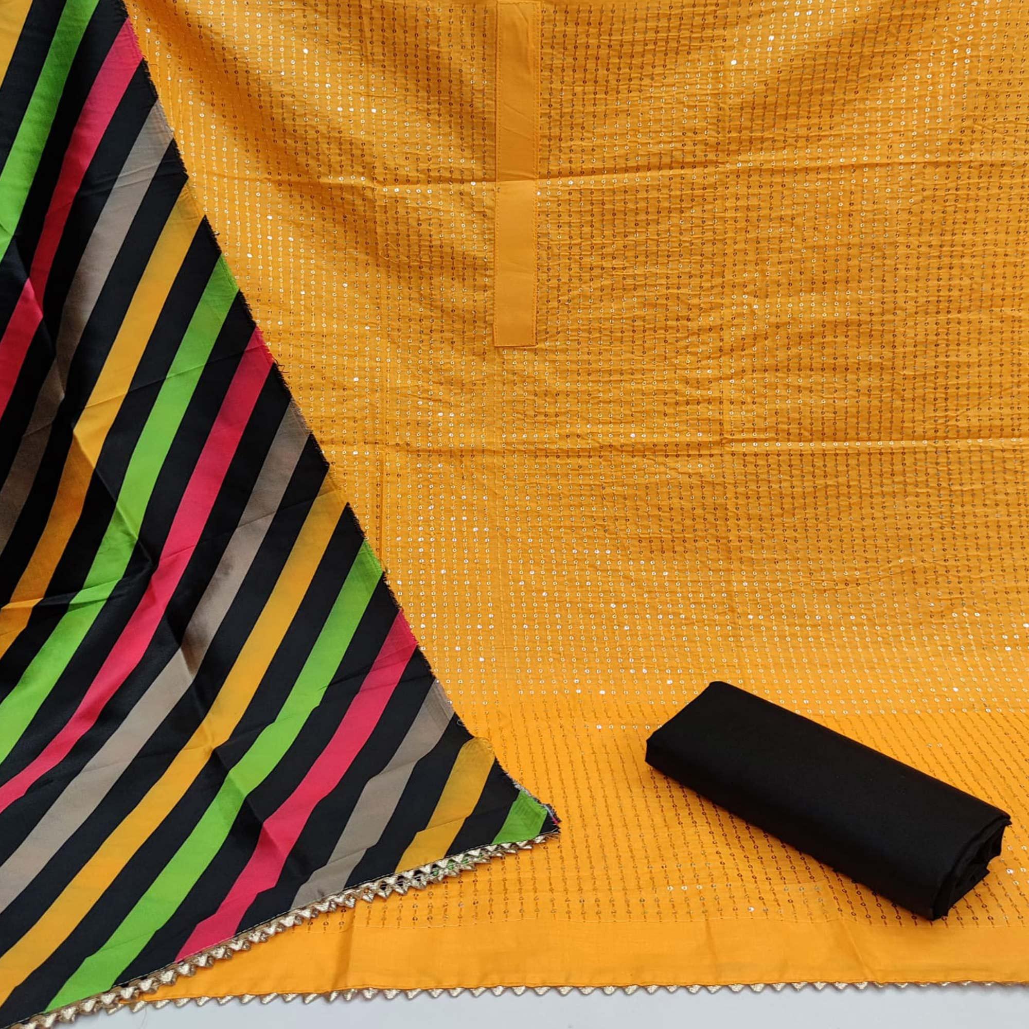 Yellow Festive Wear Embellished Cotton Dress Material - Peachmode