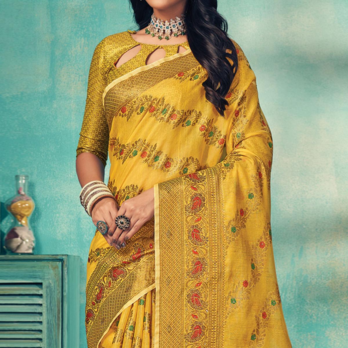 Yellow Festive Wear Embellished Cotton Saree - Peachmode