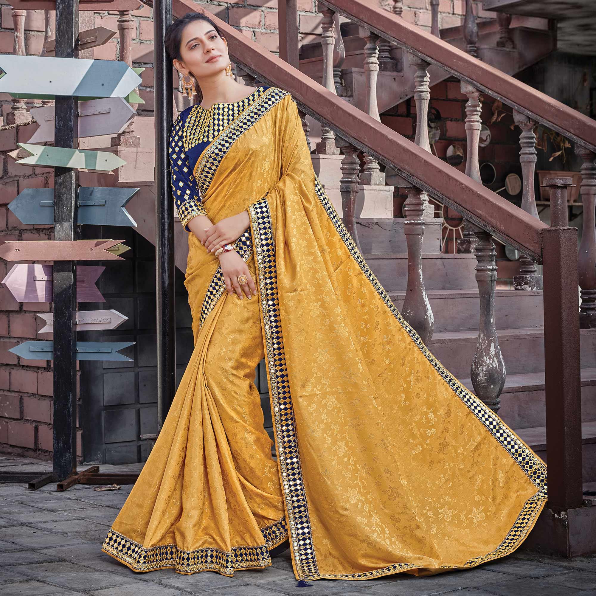 Yellow Festive Wear Embellished Jacquard Silk Saree - Peachmode