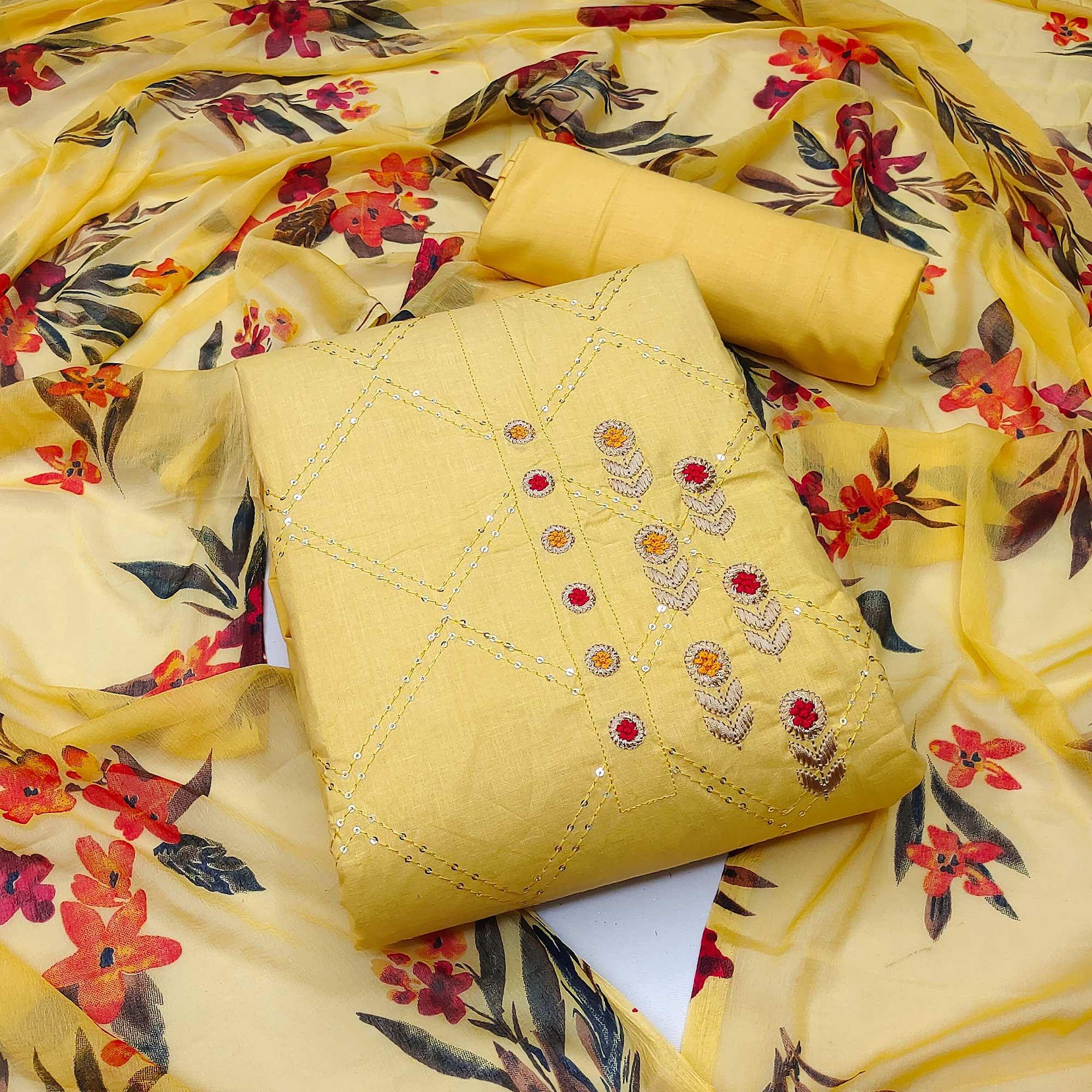 Yellow Festive Wear Embellished With Embroidered Cotton Dress Material - Peachmode