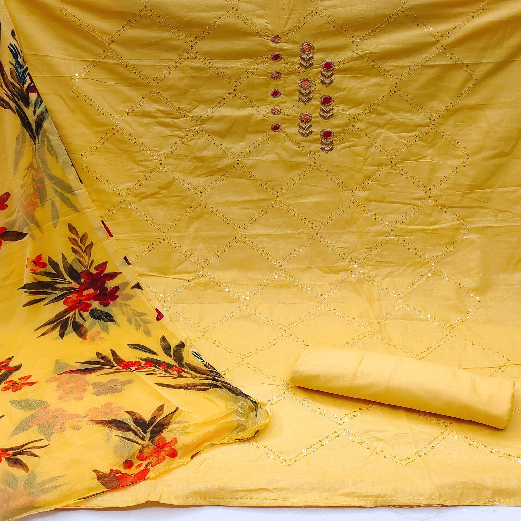 Yellow Festive Wear Embellished With Embroidered Cotton Dress Material - Peachmode