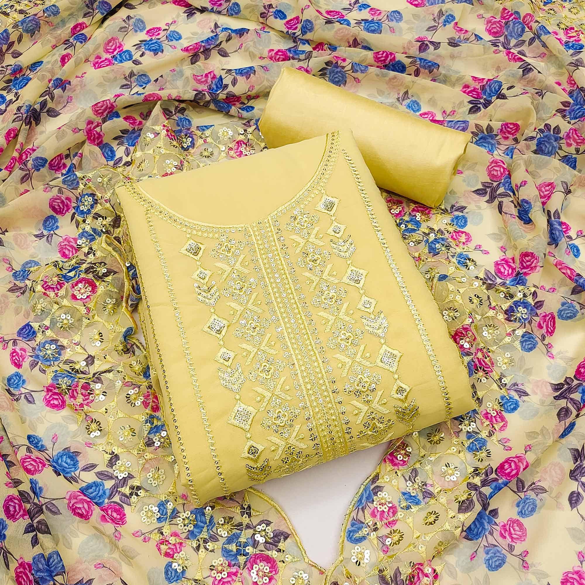 Yellow Festive Wear Embellished With Embroidered Georgette Dress Material - Peachmode