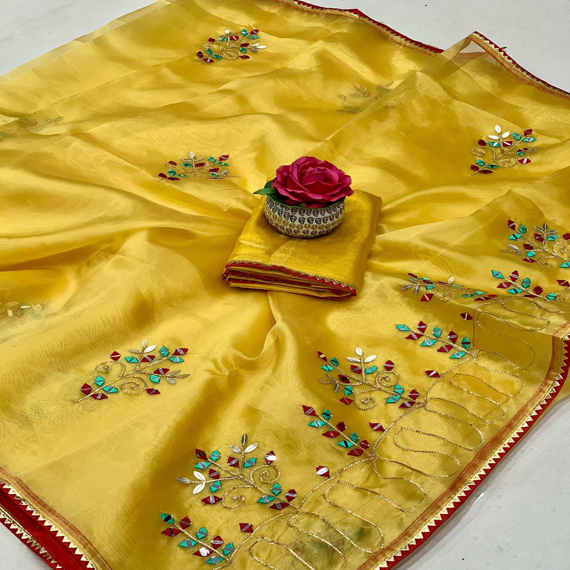 Yellow Festive Wear Embellished With Embroidered Organza Saree - Peachmode