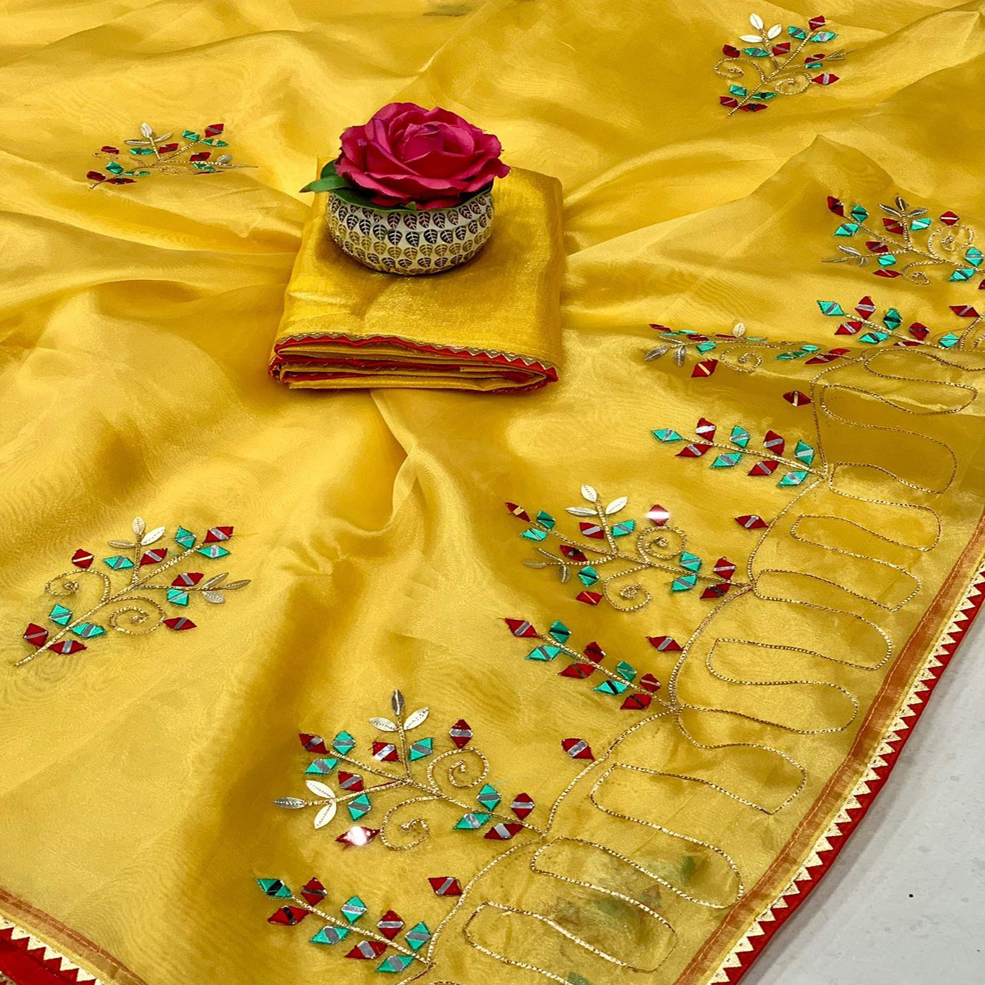 Yellow Festive Wear Embellished With Embroidered Organza Saree - Peachmode
