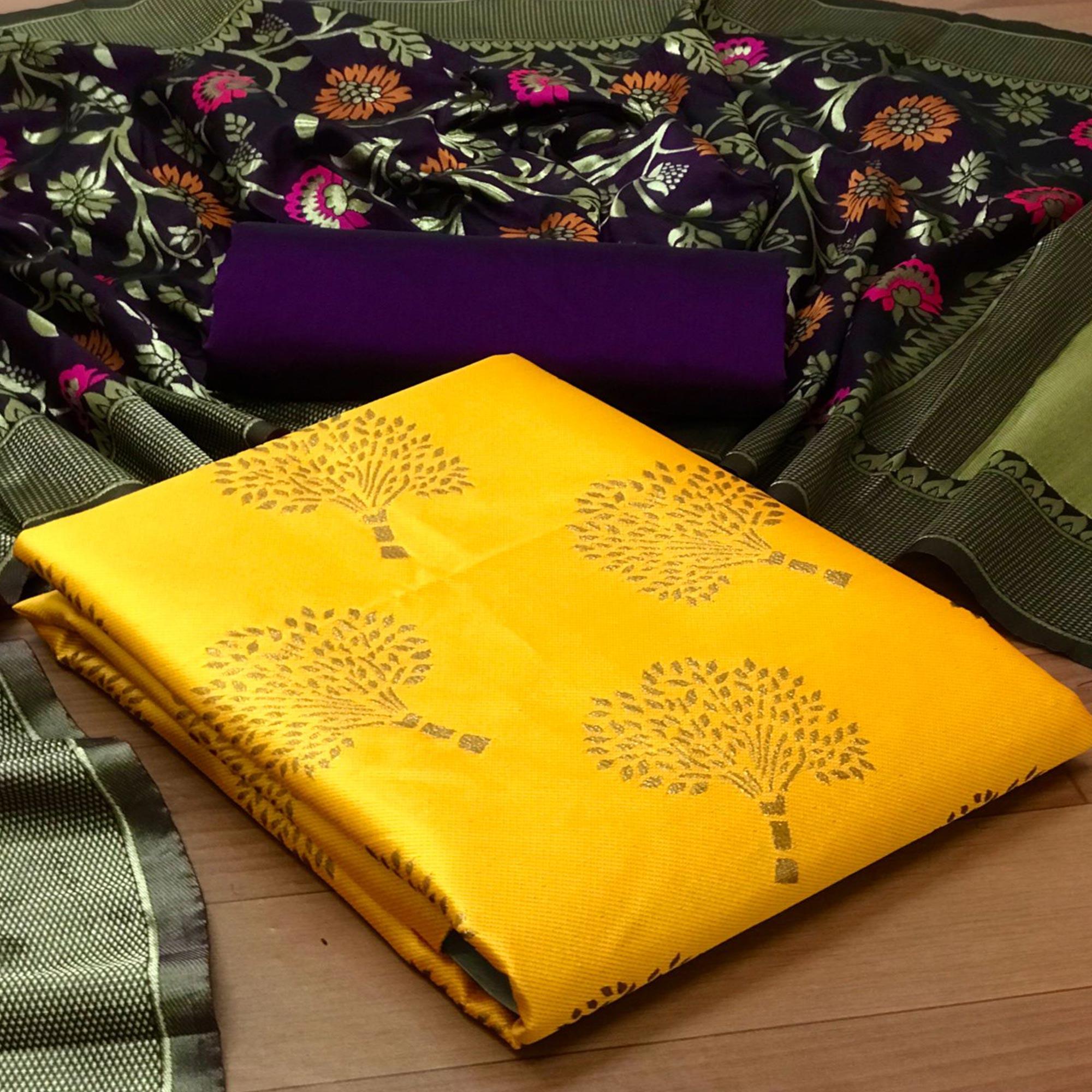 Yellow Festive Wear Embroidered Banarasi Silk Dress Material - Peachmode