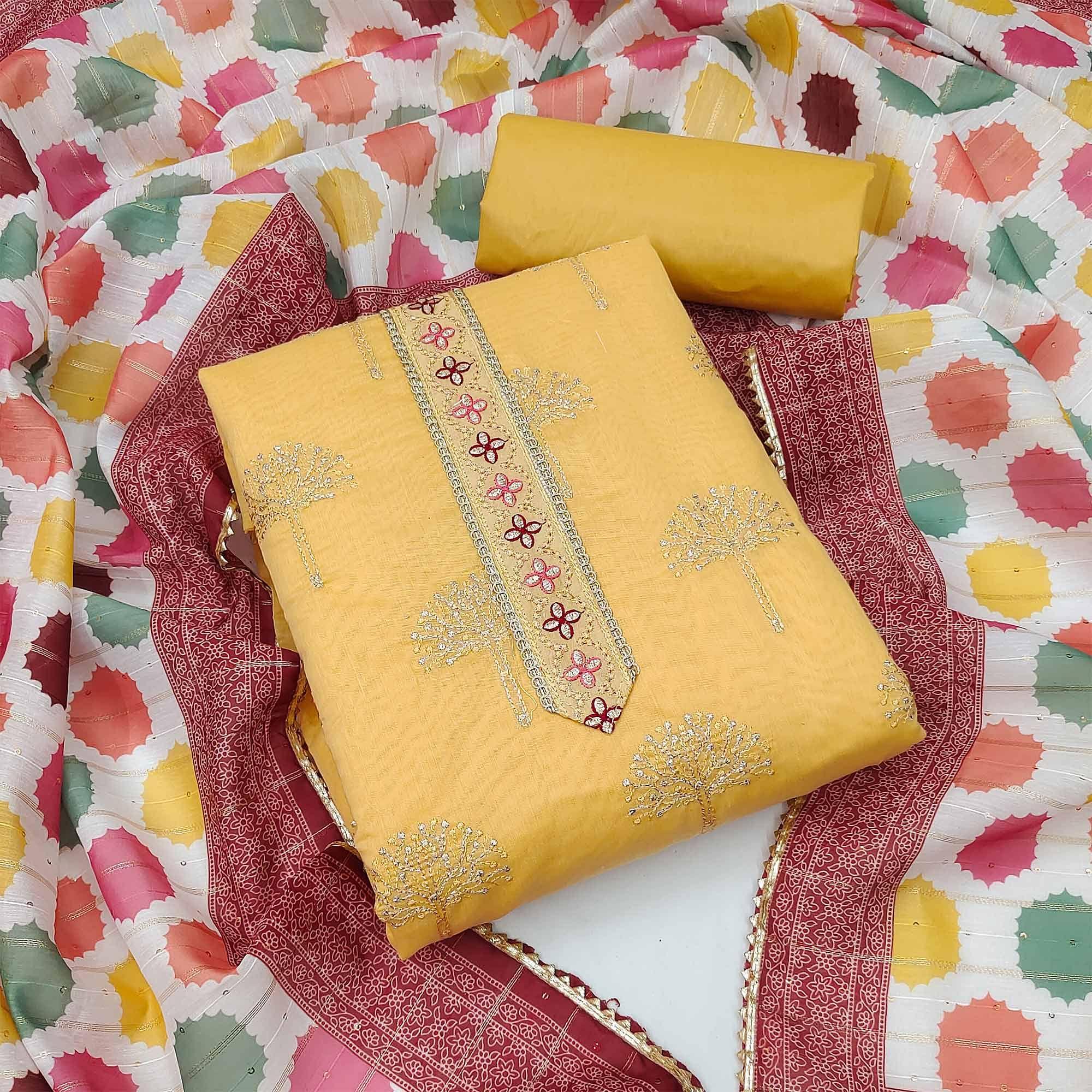 Yellow Festive Wear Embroidered Chanderi Dress Material - Peachmode