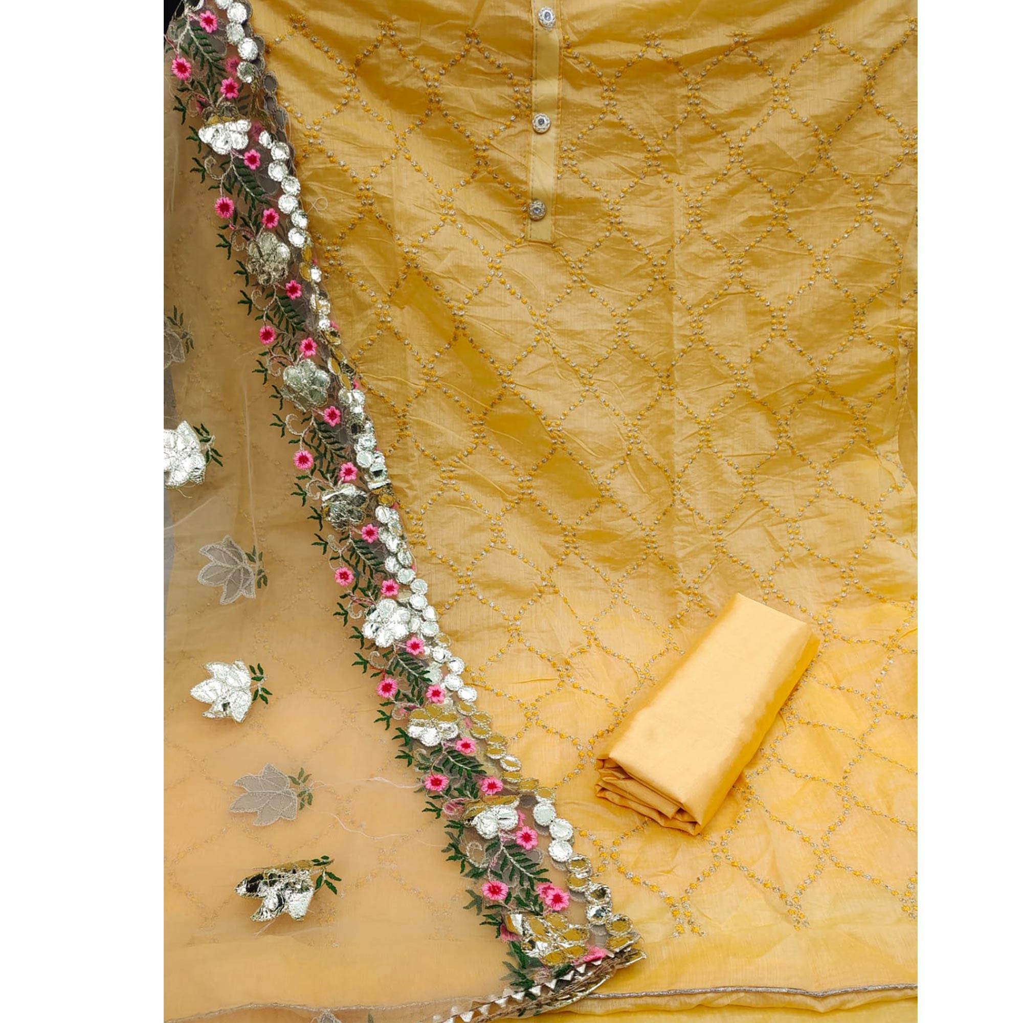 Yellow Festive Wear Embroidered Chanderi Dress Material - Peachmode